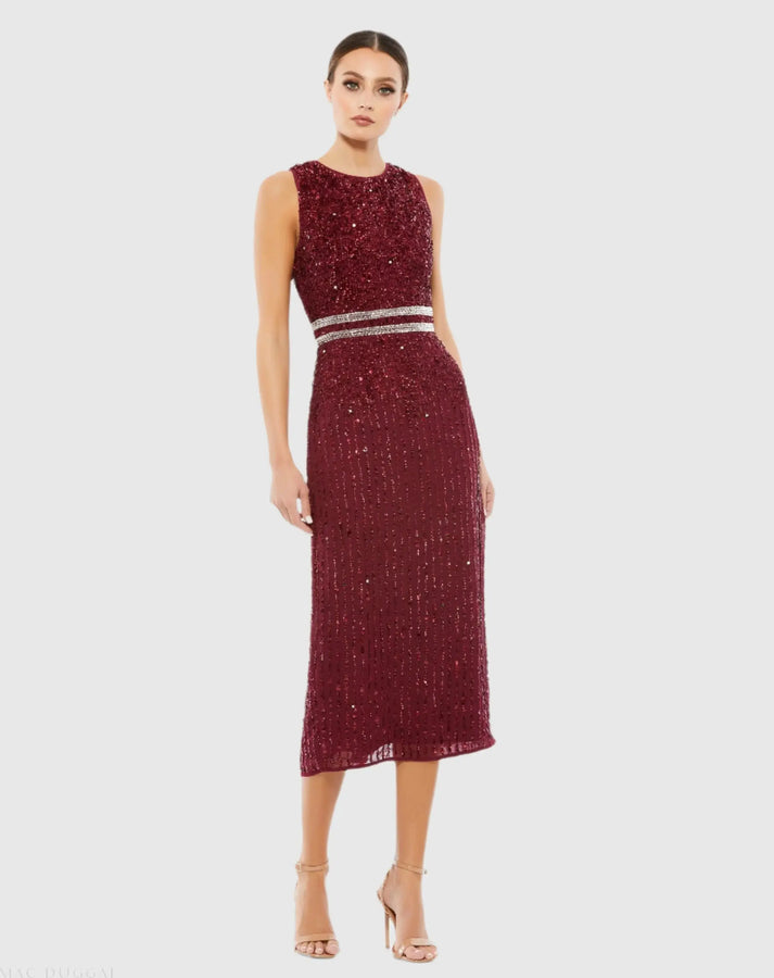Sleeveless High Neck Beaded Midi Sheath Dress – Mac Duggal