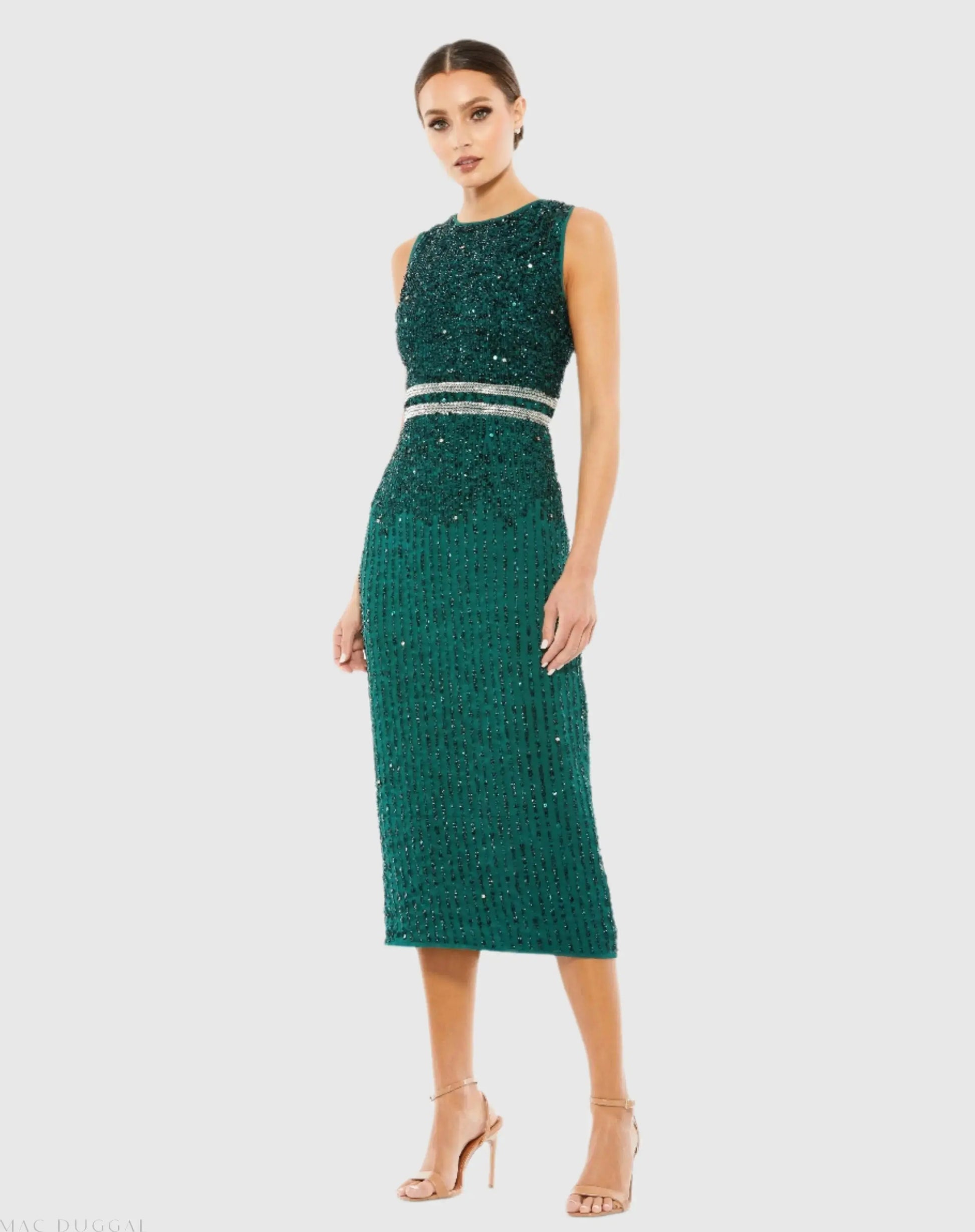 Sleeveless High Neck Beaded Midi Sheath Dress - Mac Duggal Sleeveless High Neck Beaded Midi Sheath Dress - Mac Duggal