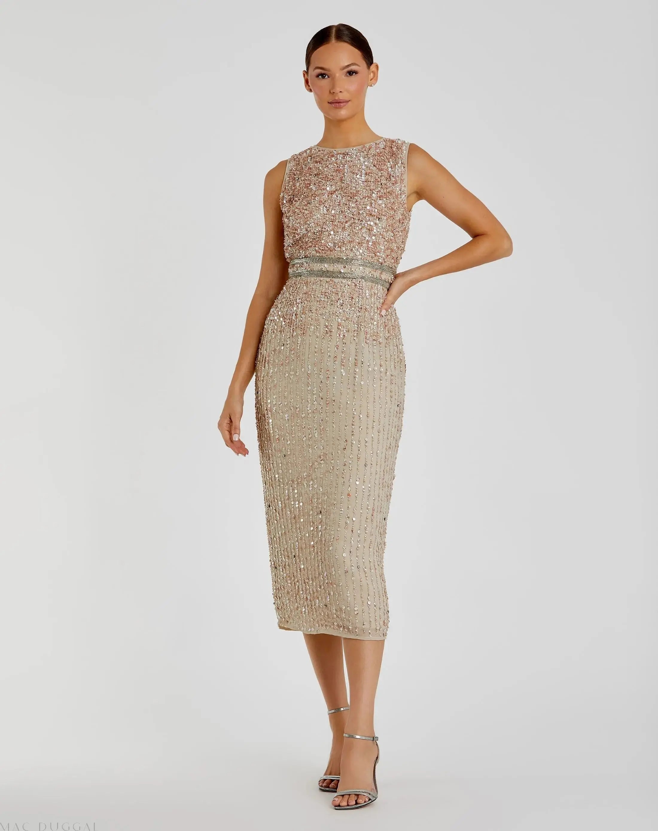 Nude Sleeveless High Neck Beaded Midi Sheath Dress - Mac Duggal