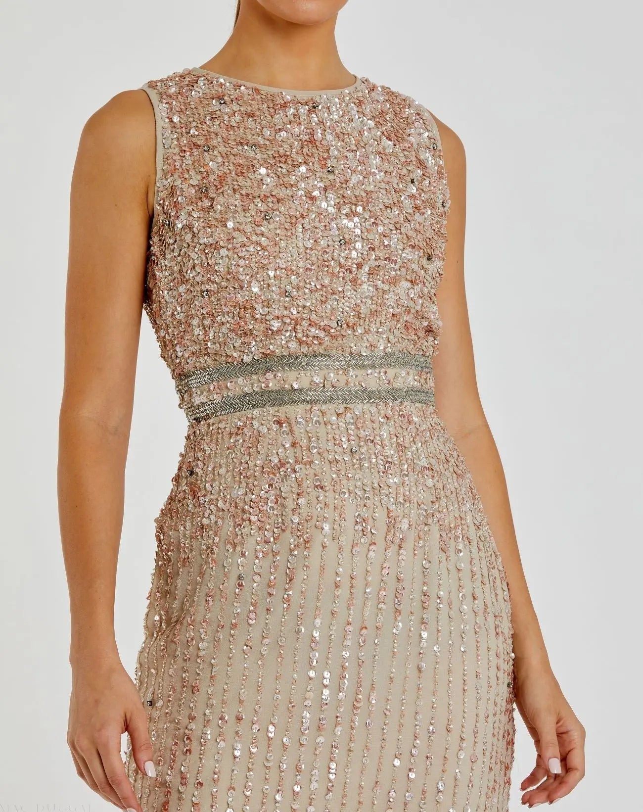 Nude Sleeveless High Neck Beaded Midi Sheath Dress - Mac Duggal US 14 Nude Sleeveless High Neck Beaded Midi Sheath Dress - Mac Duggal US 14