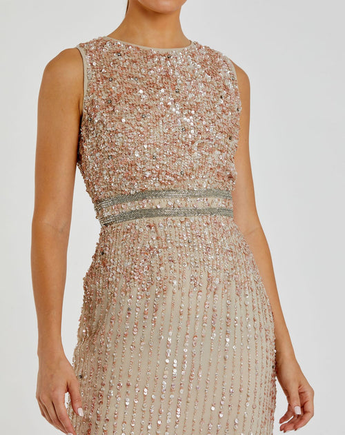 Sleeveless High Neck Beaded Midi Sheath Dress