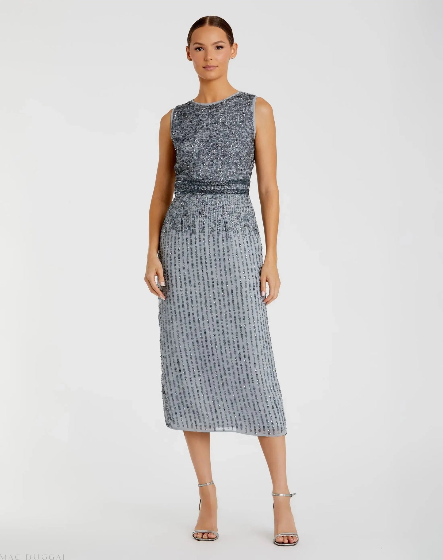 Nude Sleeveless High Neck Beaded Midi Sheath Dress