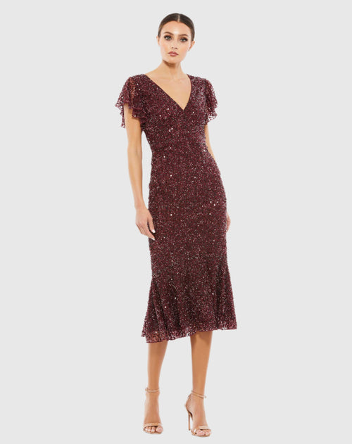 Sequined V Neck Flutter Cap Sleeve Trumpet Dress