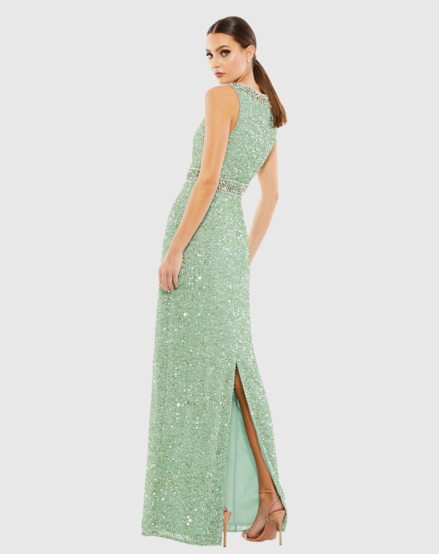 Sequined Sleeveless Embellished Neckline Gown