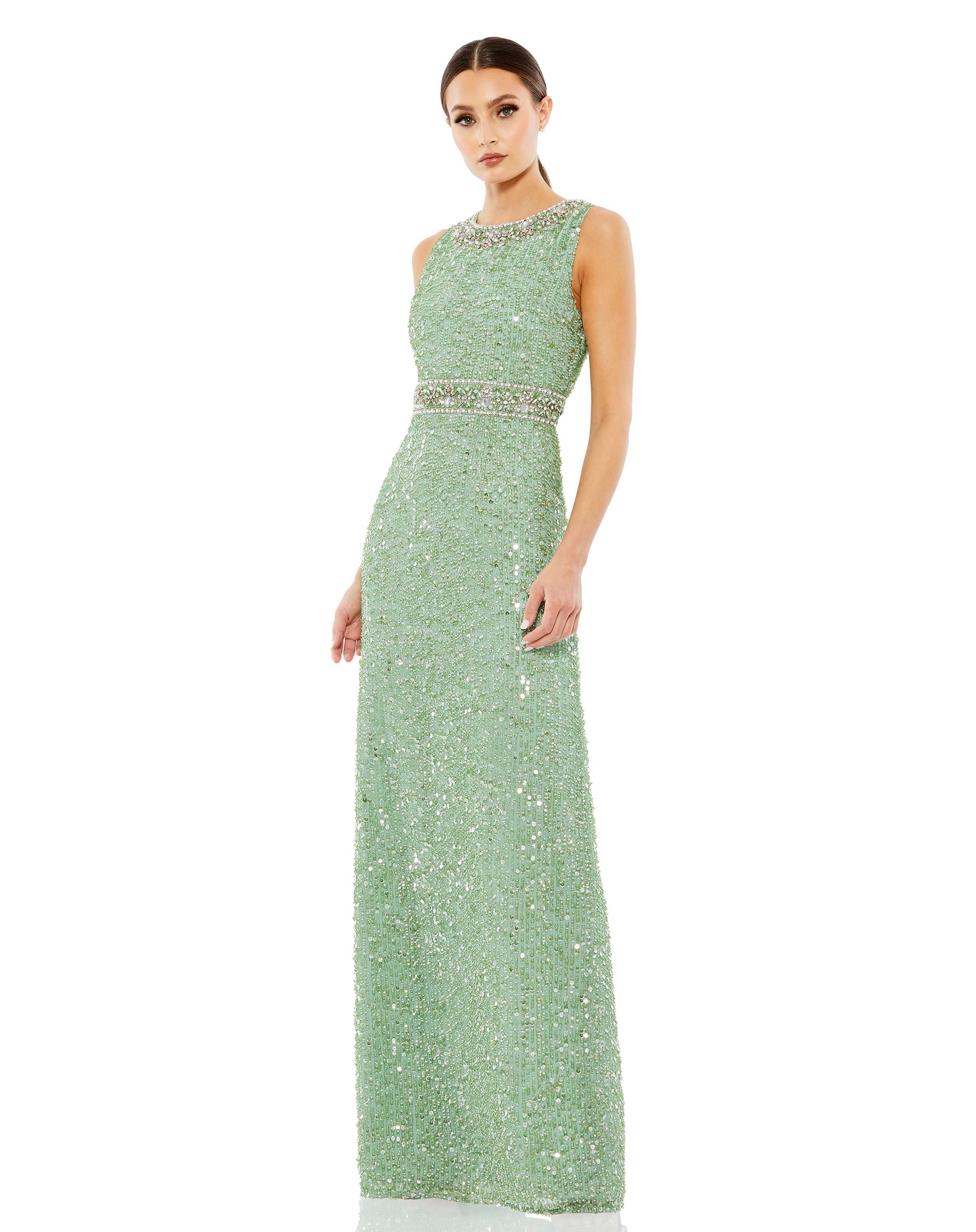 Sequined Sleeveless Embellished Neckline Gown