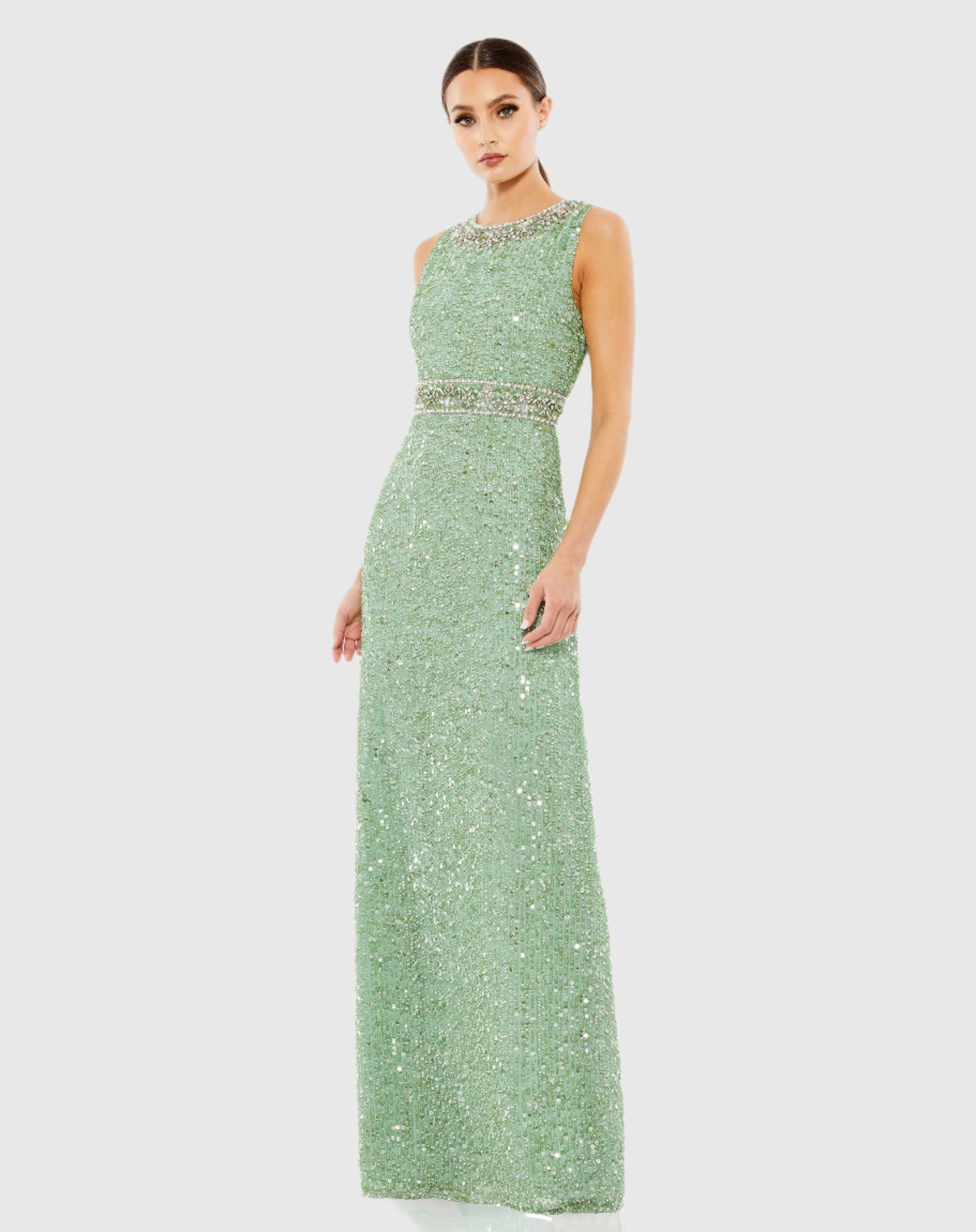 Sequined Sleeveless Embellished Neckline Gown