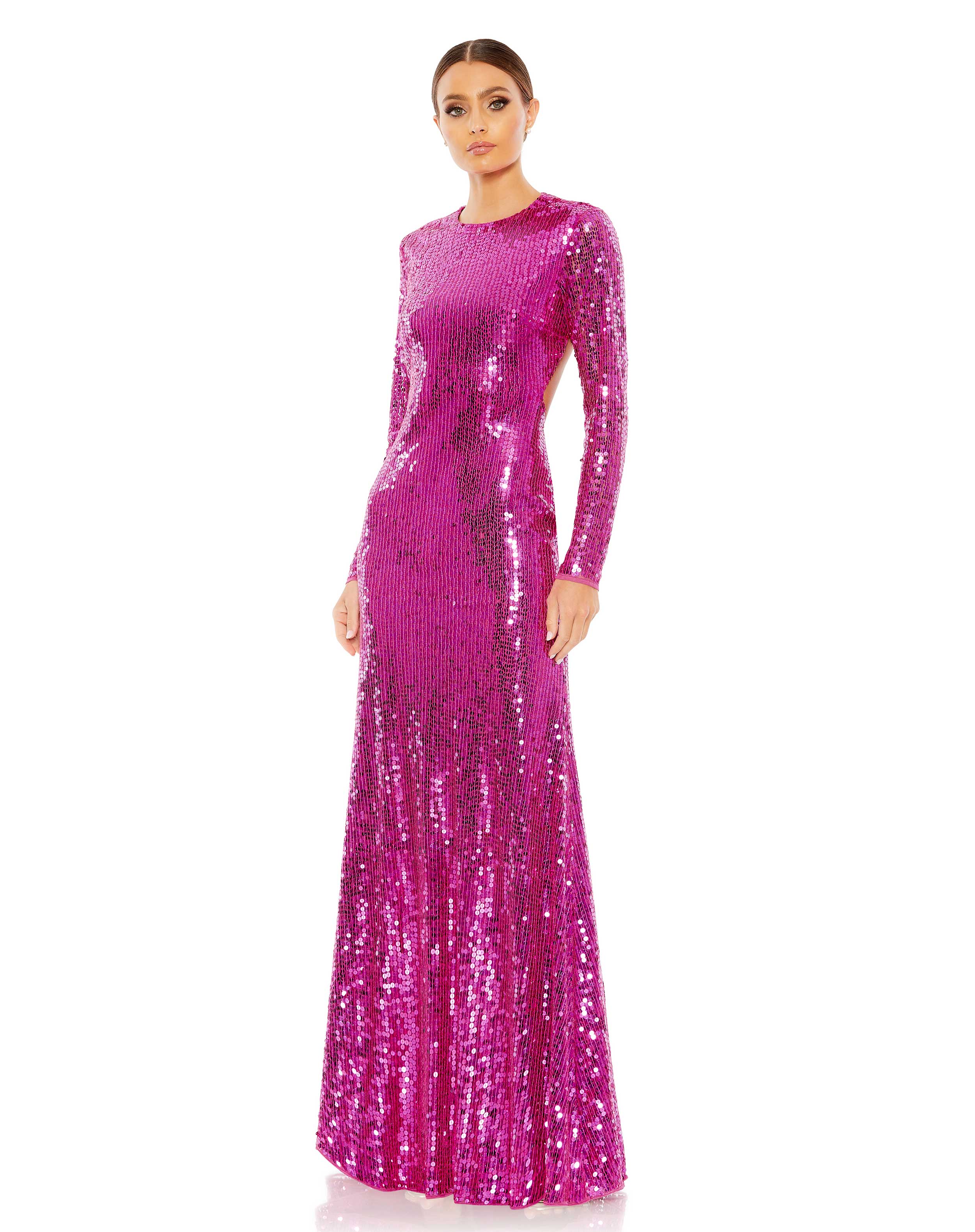 Sequined Long Sleeve High Neck Open Back Gown