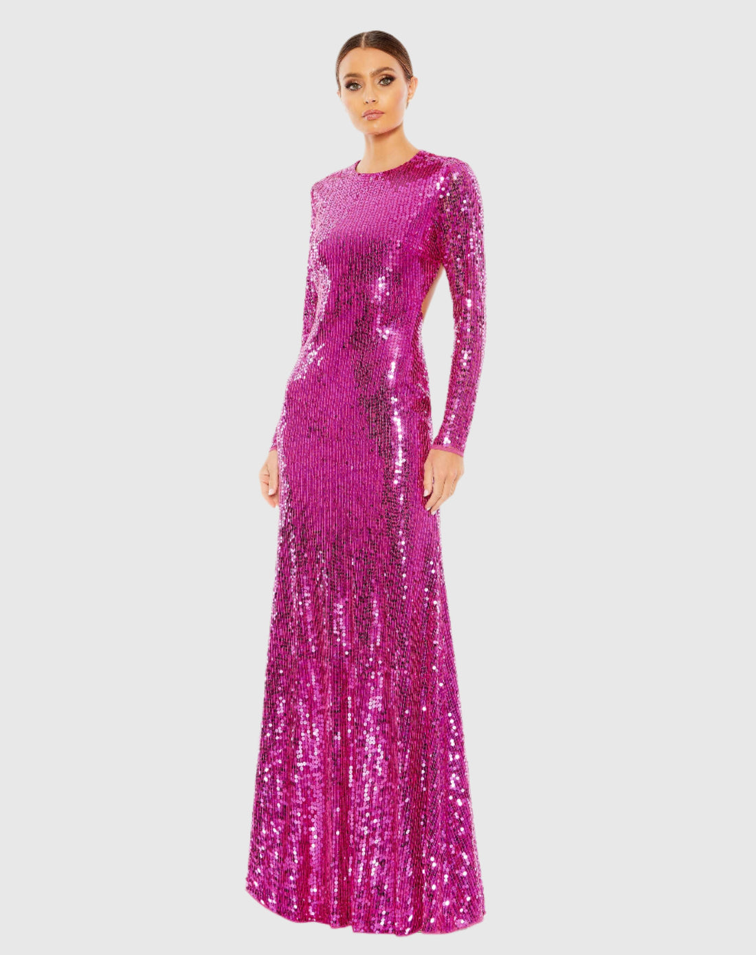 Sequined Long Sleeve High Neck Open Back Gown