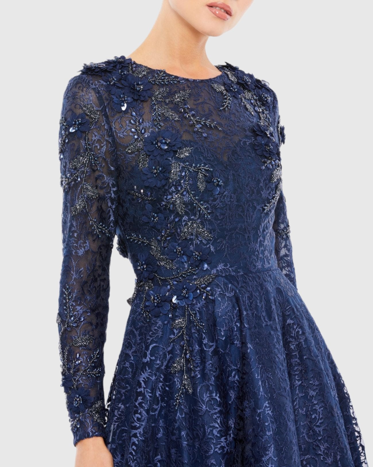 Embellished Illusion Long Sleeve A Line Gown