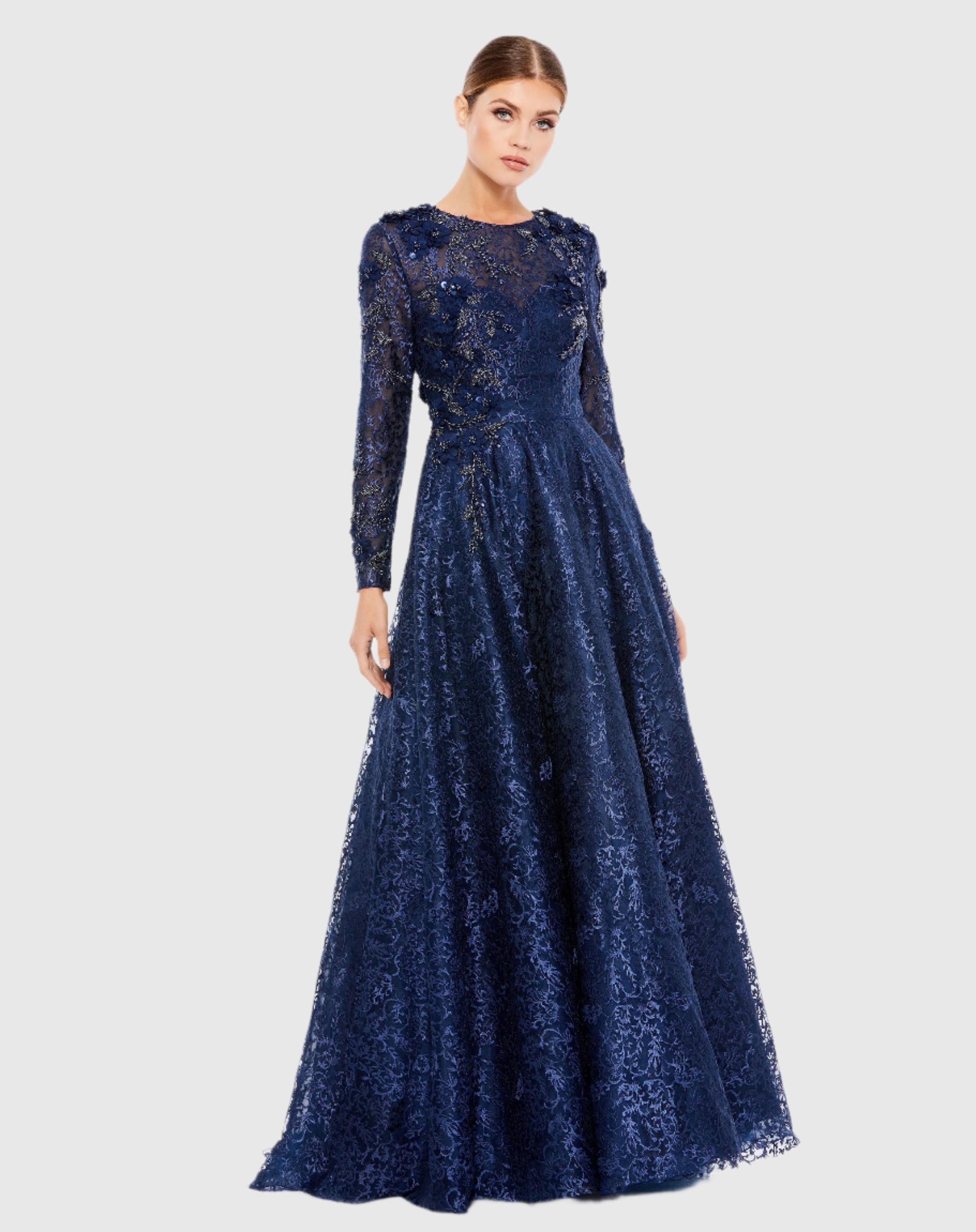 Embellished Illusion Long Sleeve A Line Gown