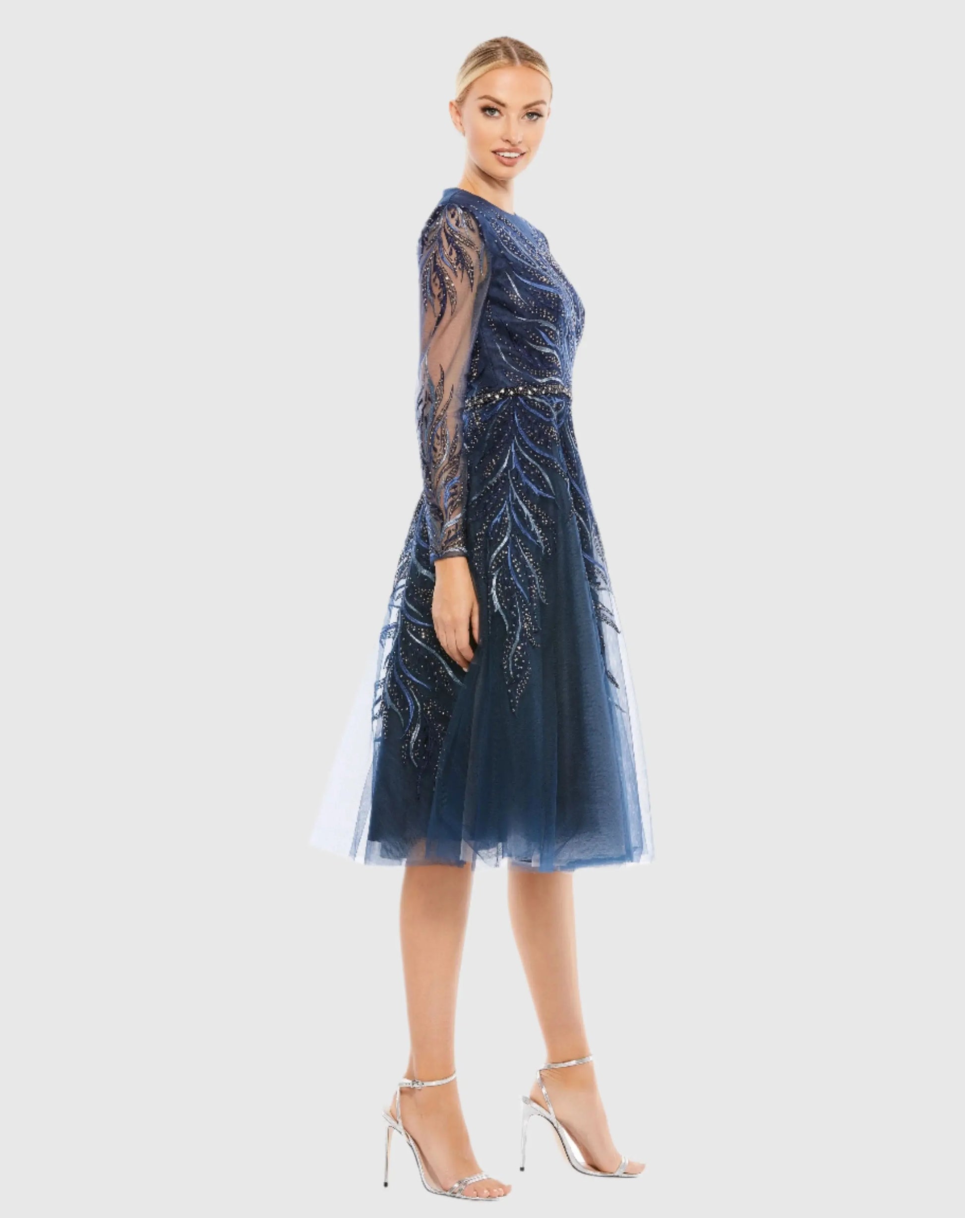 Embellished Tea-Length Illusion Cocktail Dress - Mac Duggal Embellished Tea-Length Illusion Cocktail Dress - Mac Duggal