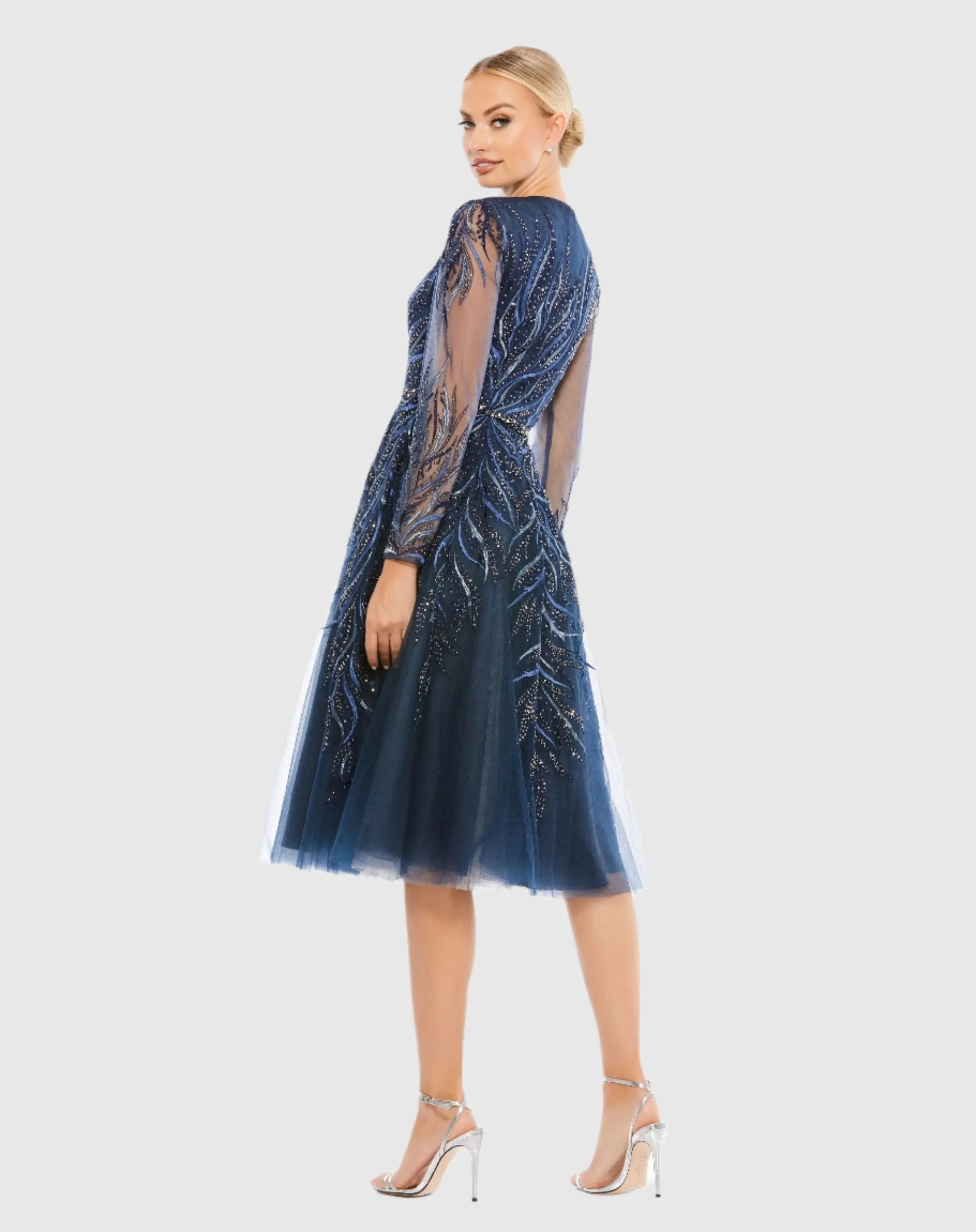 Embellished Tea-Length Illusion Cocktail Dress - Mac Duggal Embellished Tea-Length Illusion Cocktail Dress - Mac Duggal