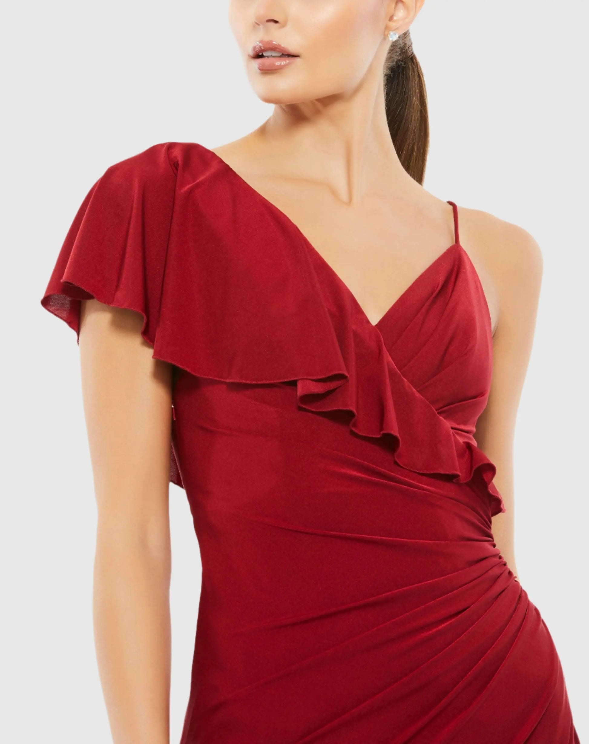 Asymmetric V-Neck Jersey Ruffled Cap Sleeve Gown - FINAL SALE - Mac Duggal