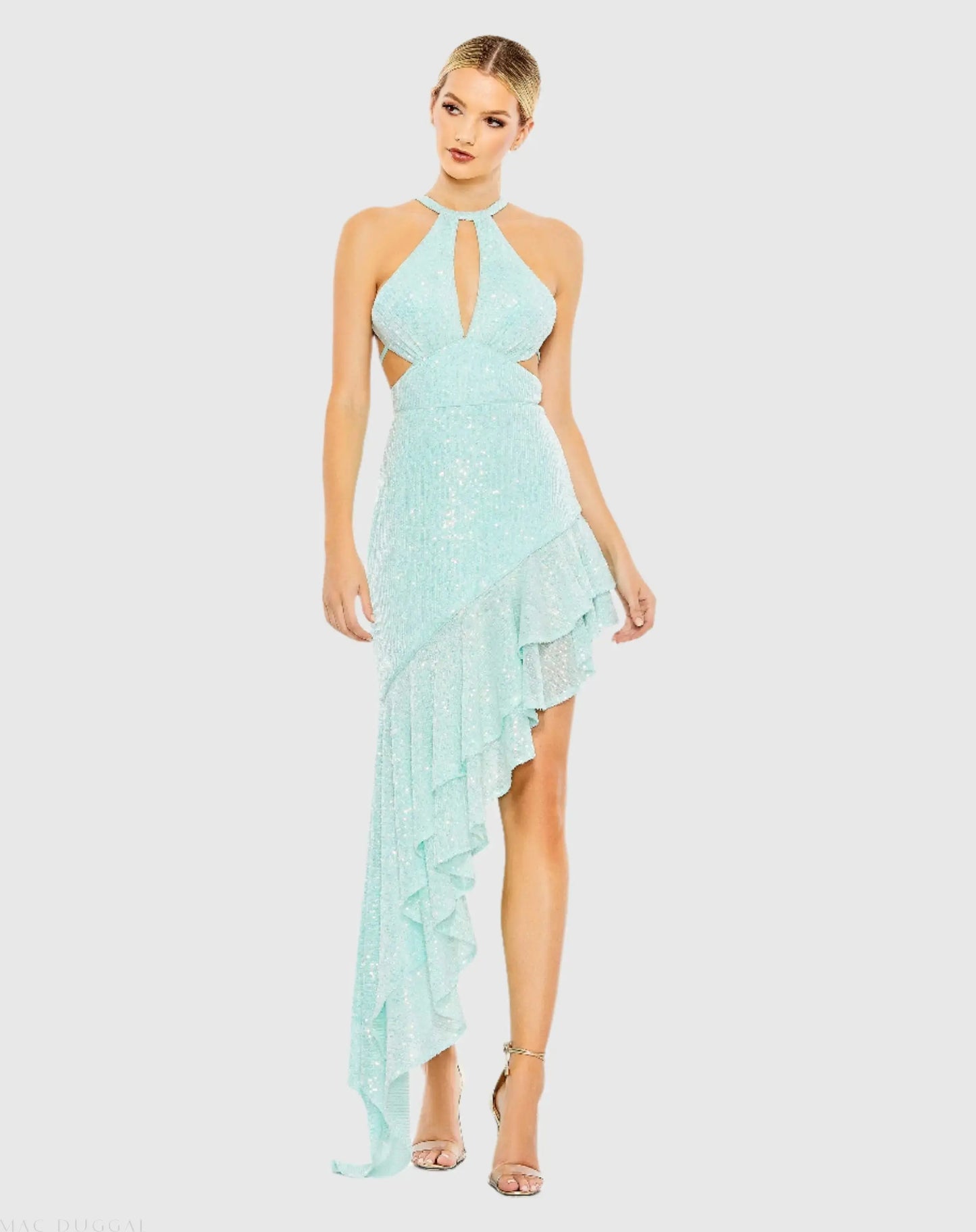 Blue Sequined Halter Cut Out Ruffle Asymmetrical Dress - Ieena for Mac Duggal