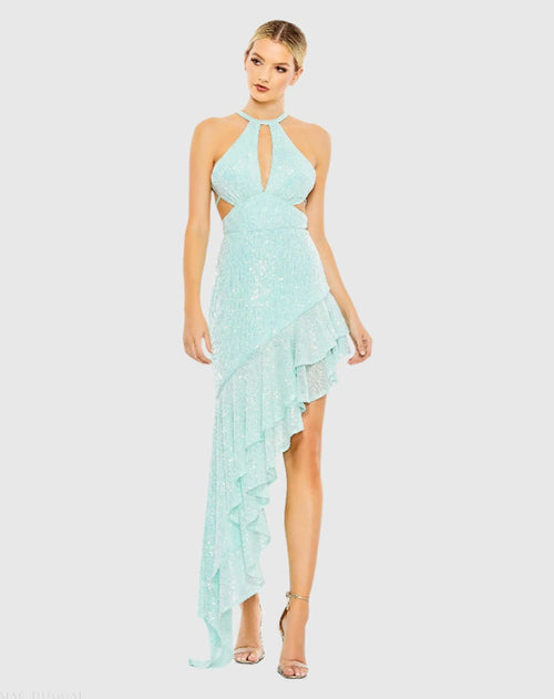 Blue Sequined Halter Cut Out Ruffle Asymmetrical Dress - Ieena for Mac Duggal