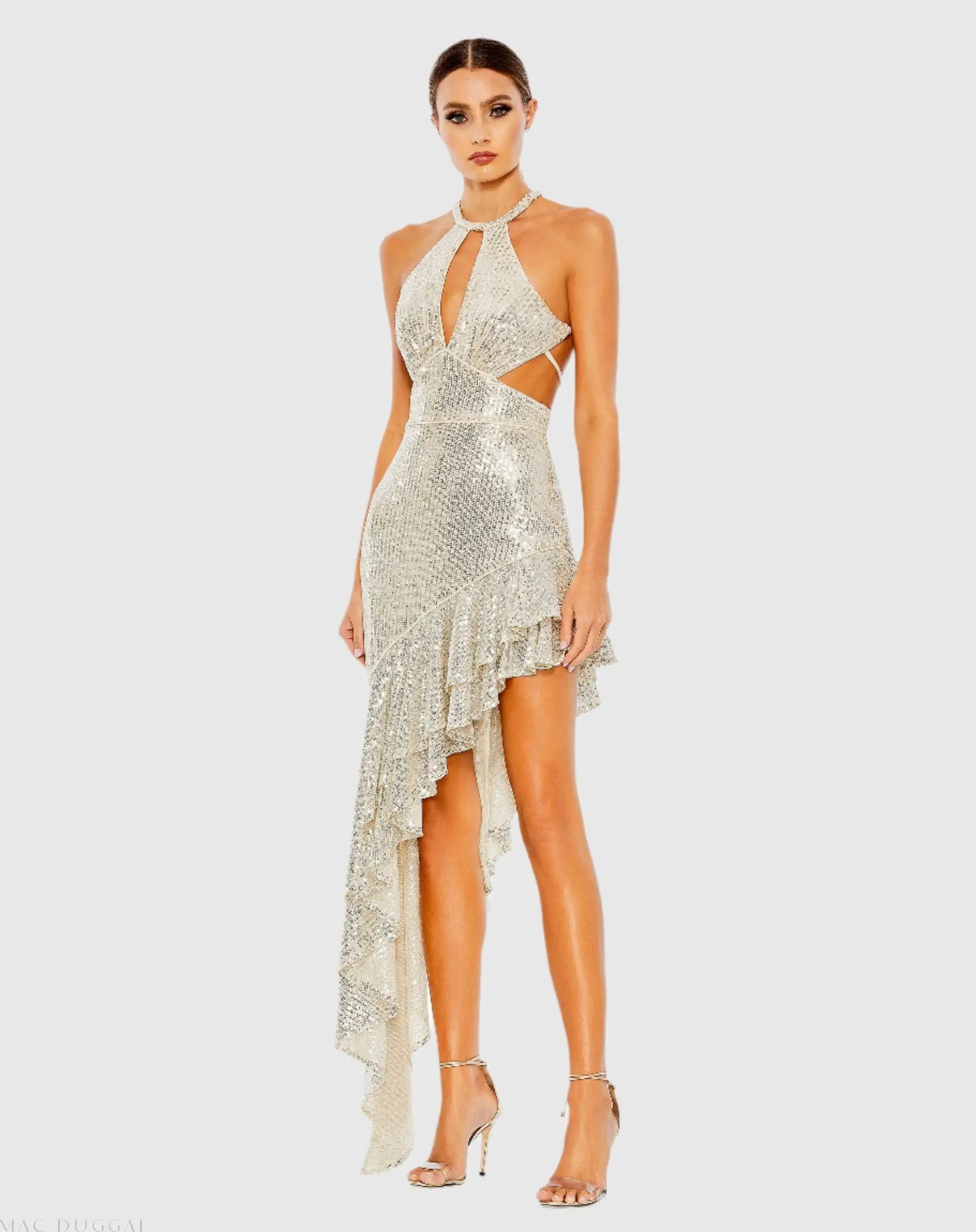 Silver Sequined Halter Cut Out Ruffle Asymmetrical Dress - Ieena for Mac Duggal