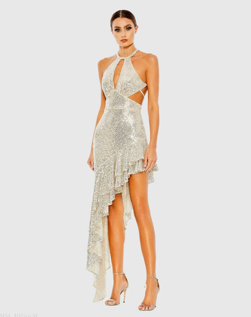 Silver Sequined Halter Cut Out Ruffle Asymmetrical Dress - Ieena for Mac Duggal