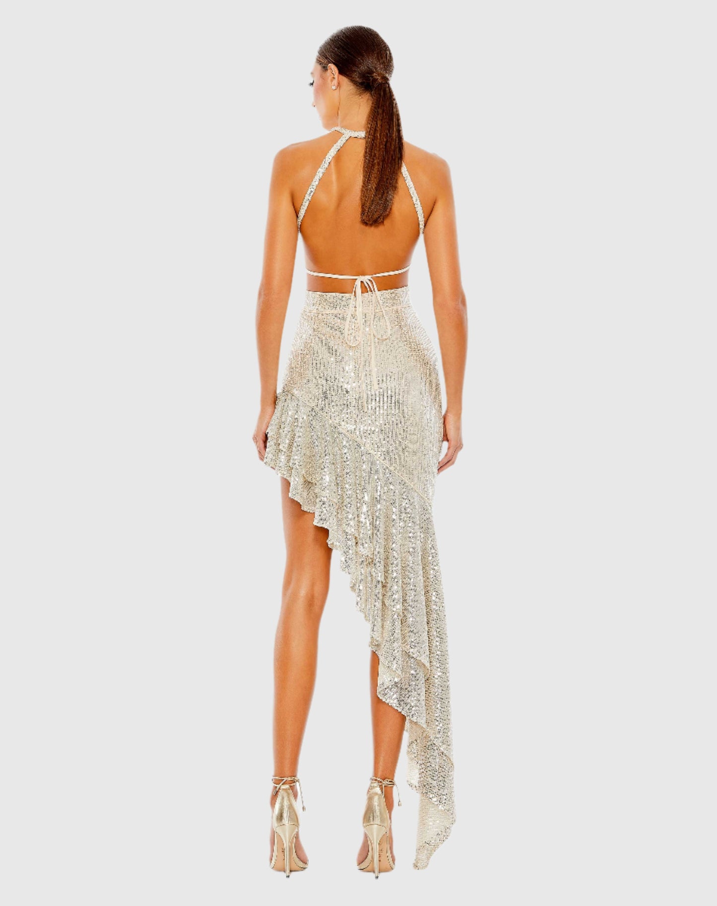 Sequined Halter Cut Out Ruffle Asymmetrical Dress