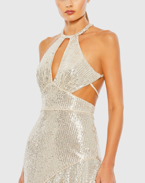 Sequined Halter Cut Out Ruffle Asymmetrical Dress