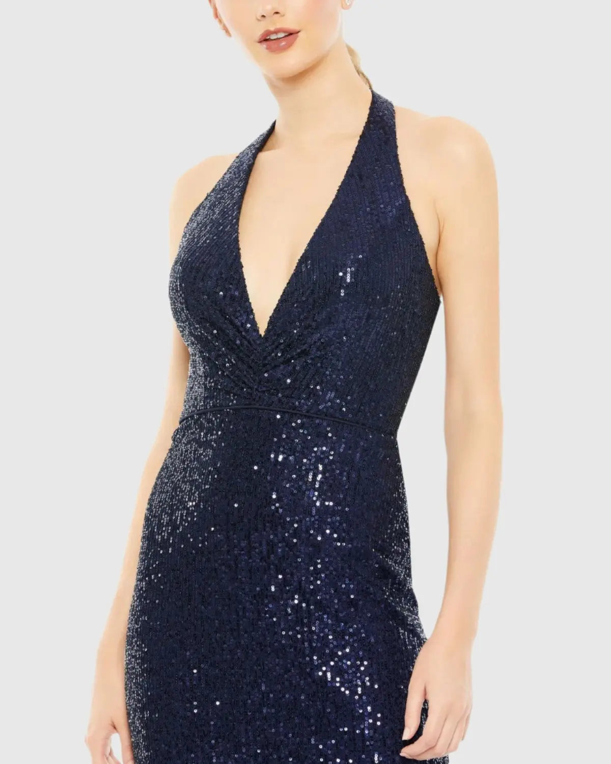 Navy Sequined Halter Strap Plunge Neck Gown - Mac Duggal