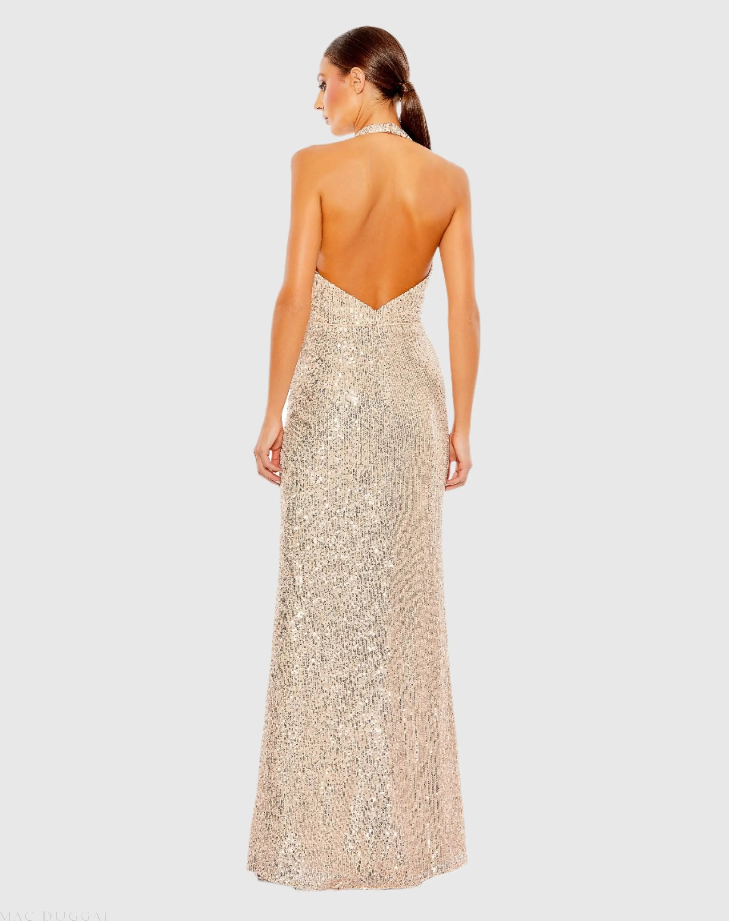 Gold Sequined Halter Strap Plunge Neck Gown - Mac Duggal