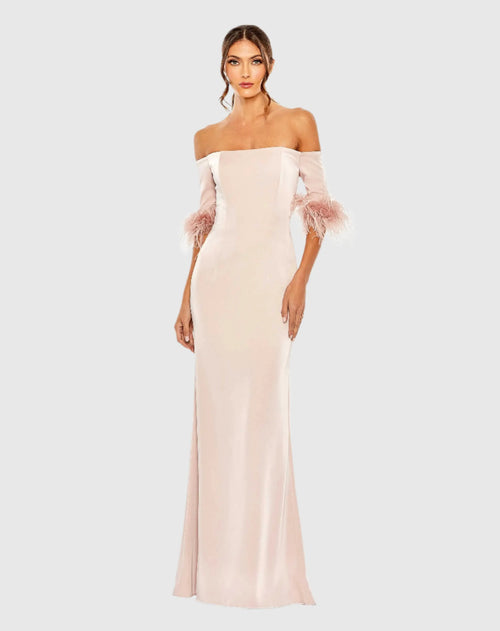Pink Feather Trim Off The Shoulder Column Gown - Mac Duggal