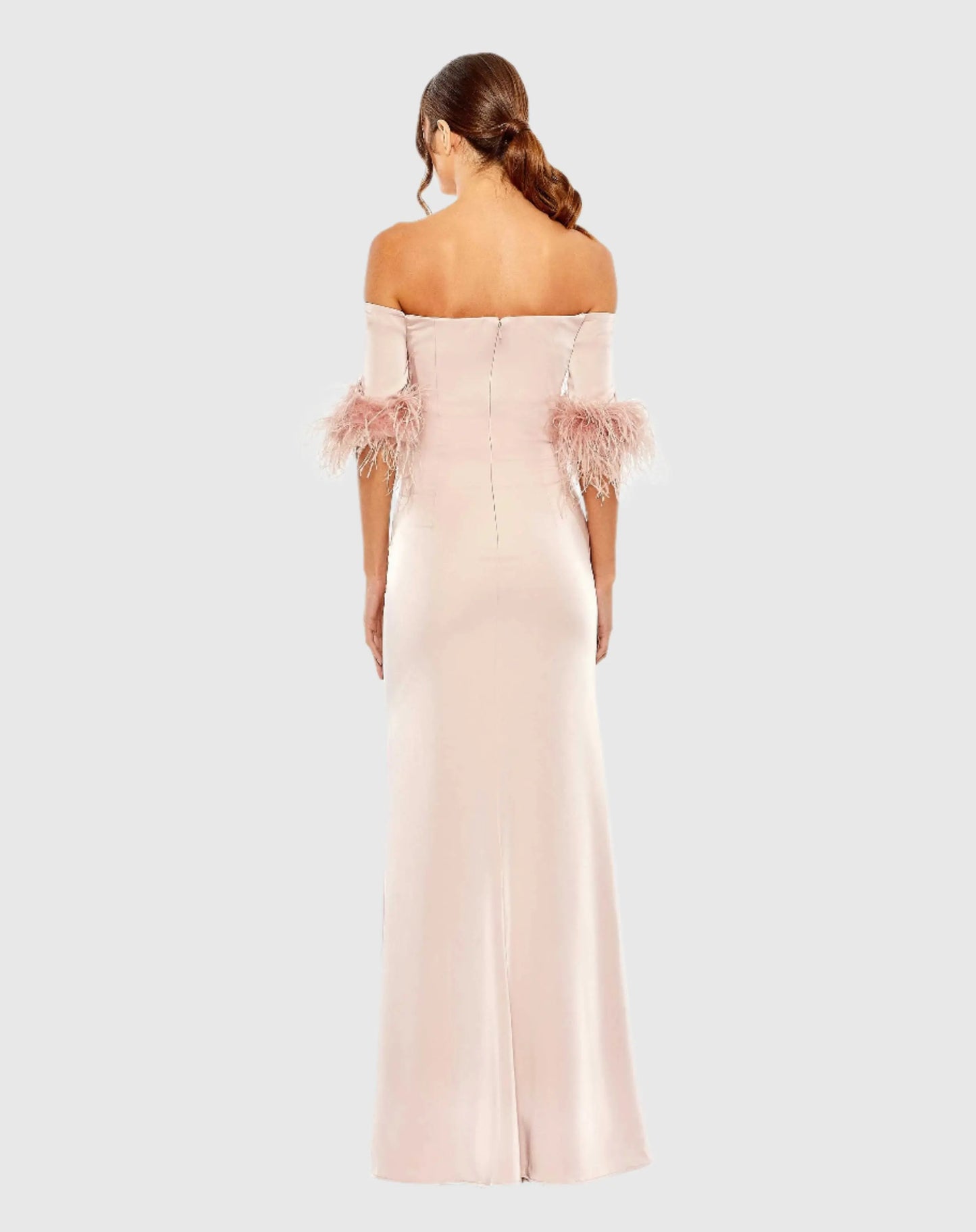Pink Feather Trim Off The Shoulder Column Gown - Mac Duggal