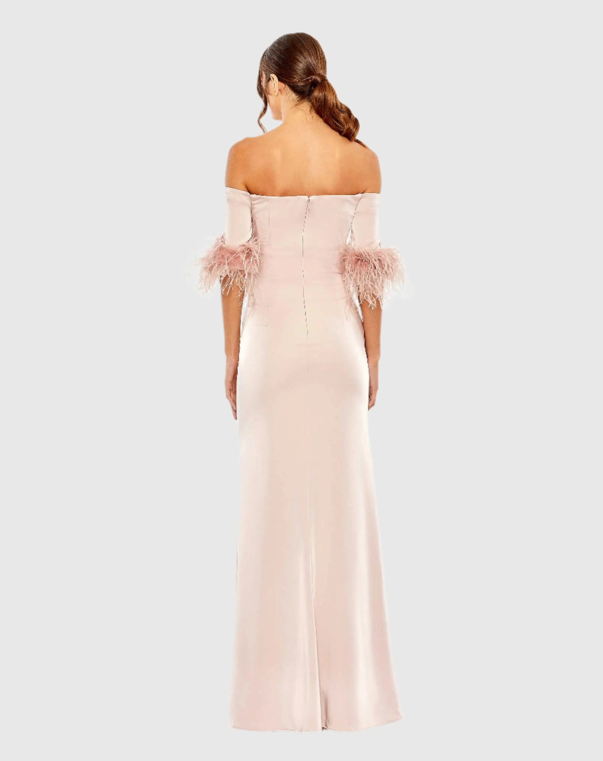 Pink Feather Trim Off The Shoulder Column Gown - Mac Duggal