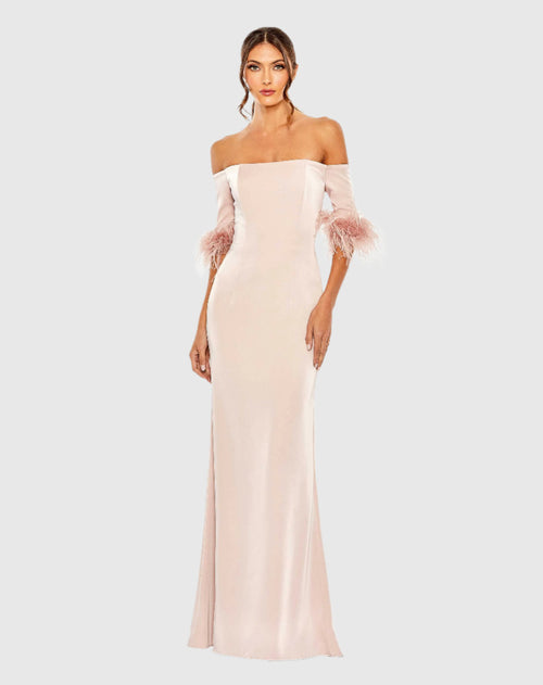 Feather Trim Off The Shoulder Column Gown