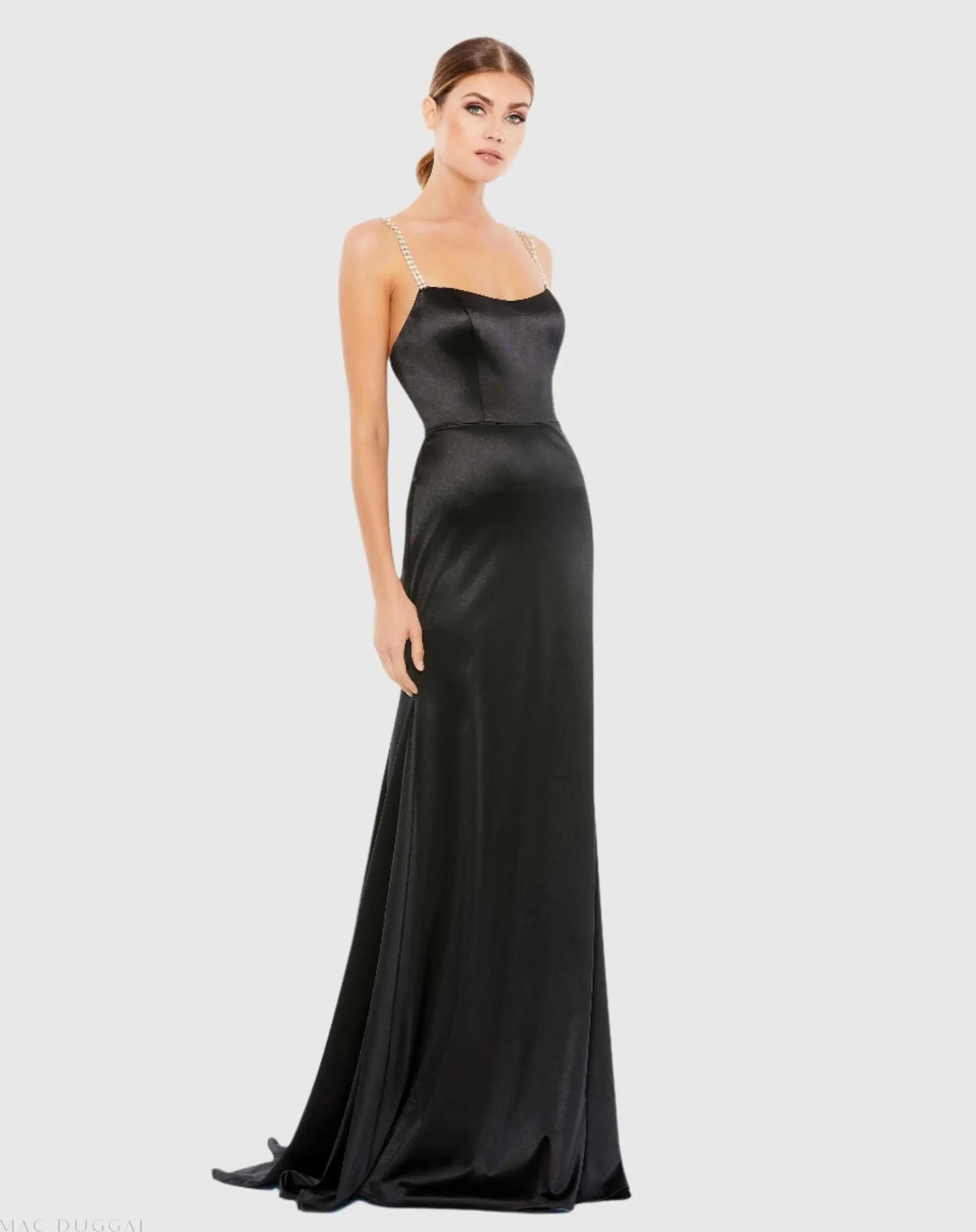 Black Charmeuse Rhinestone Strap Trumpet Gown - Ieena for Mac Duggal