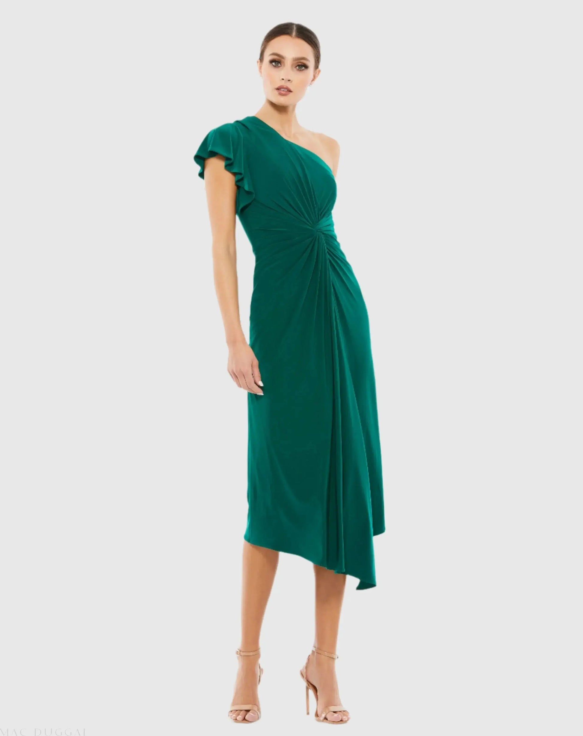 Green One Shoulder Midi Length Jersey Dress - Mac Duggal