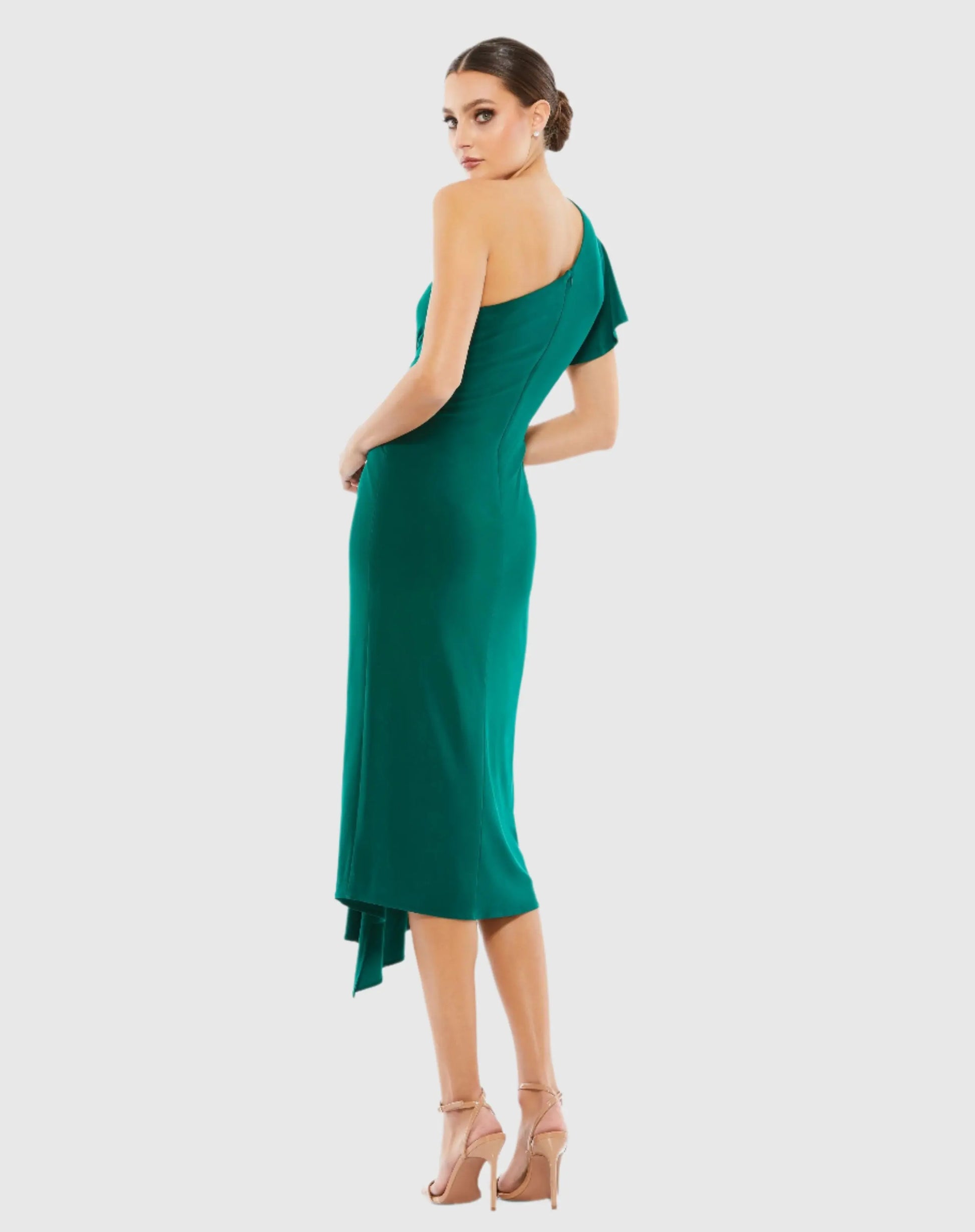 Green One Shoulder Midi Length Jersey Dress - Mac Duggal