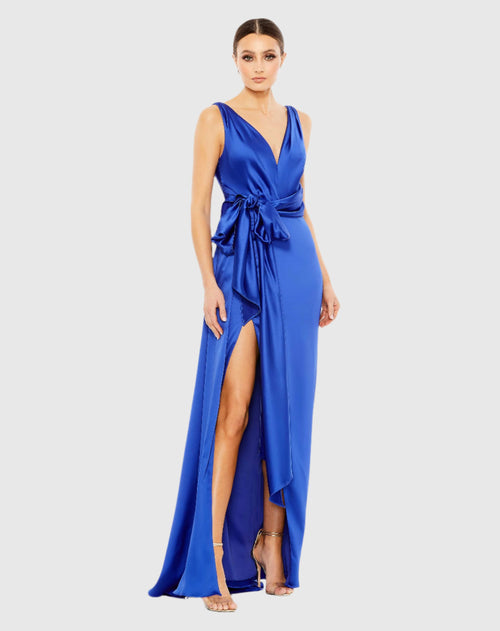 Sleeveless Self Tie Draped Gown w/ Overlay Train