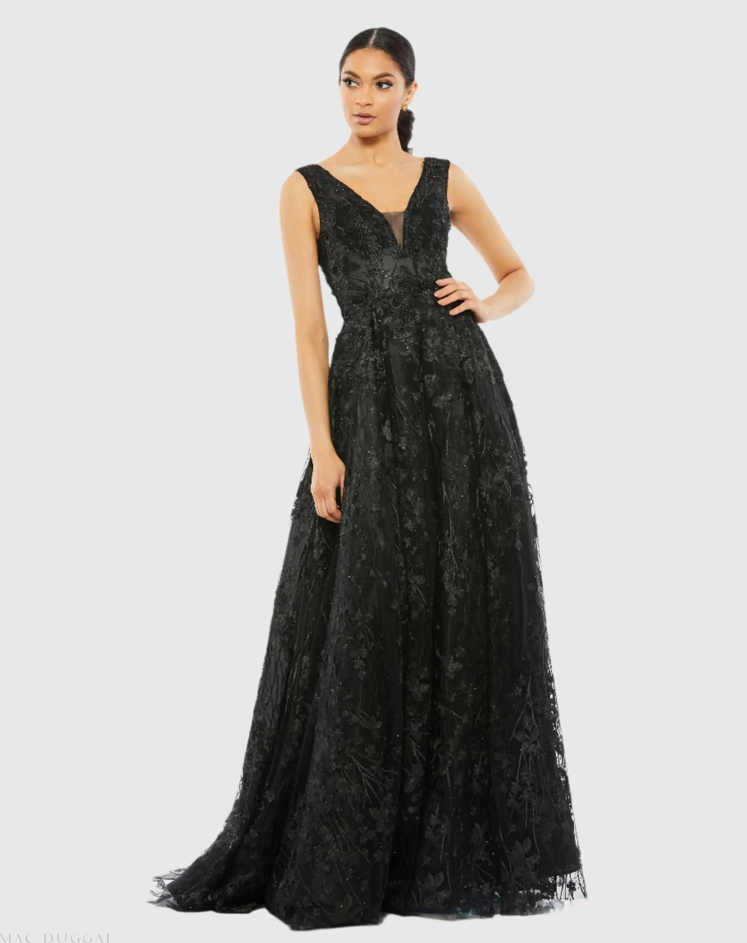 Black Floral Embroidered Illusion V-Neck Gown - Mac Duggal