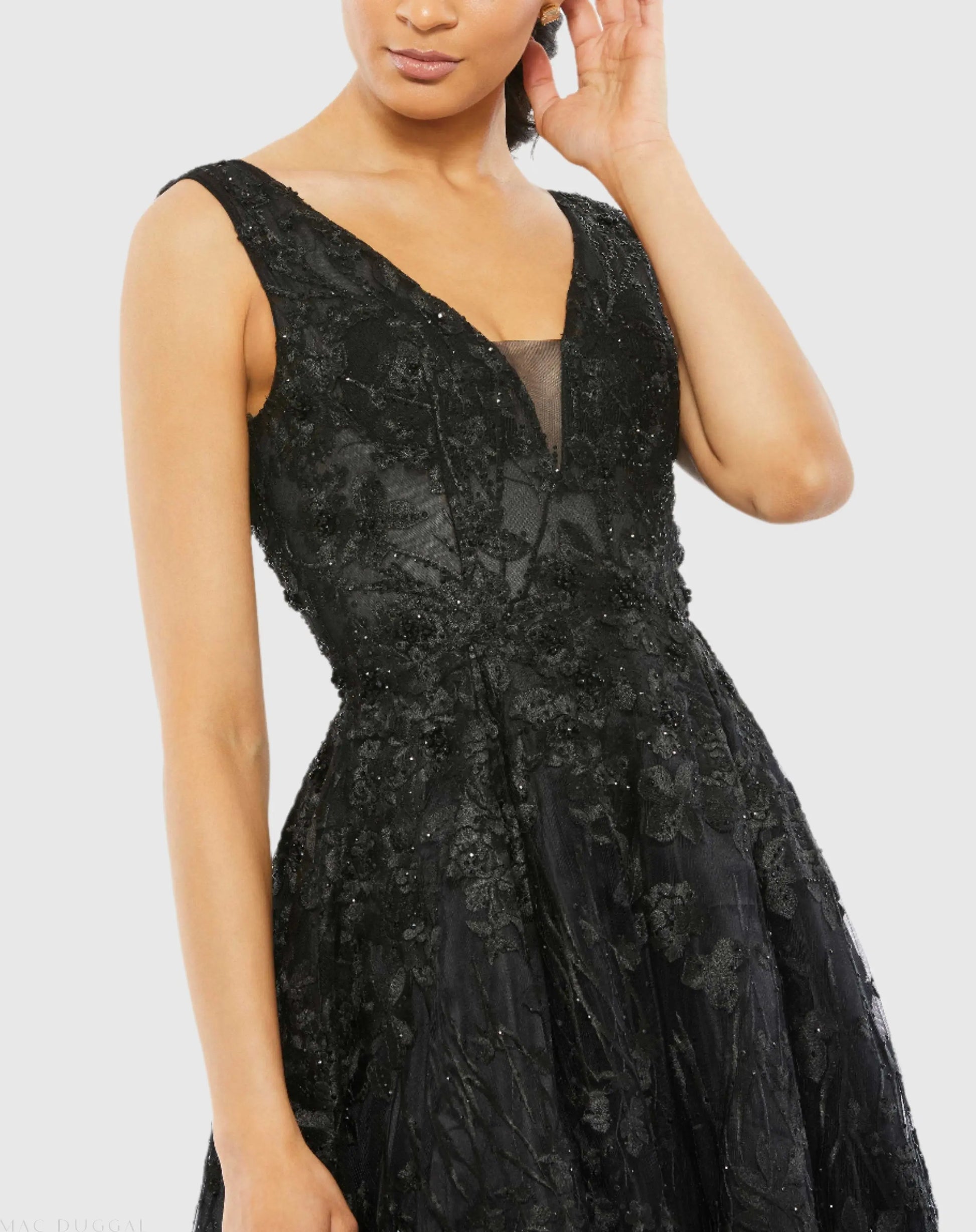 Black Floral Embroidered Illusion V-Neck Gown - Mac Duggal Black Floral Embroidered Illusion V-Neck Gown - Mac Duggal