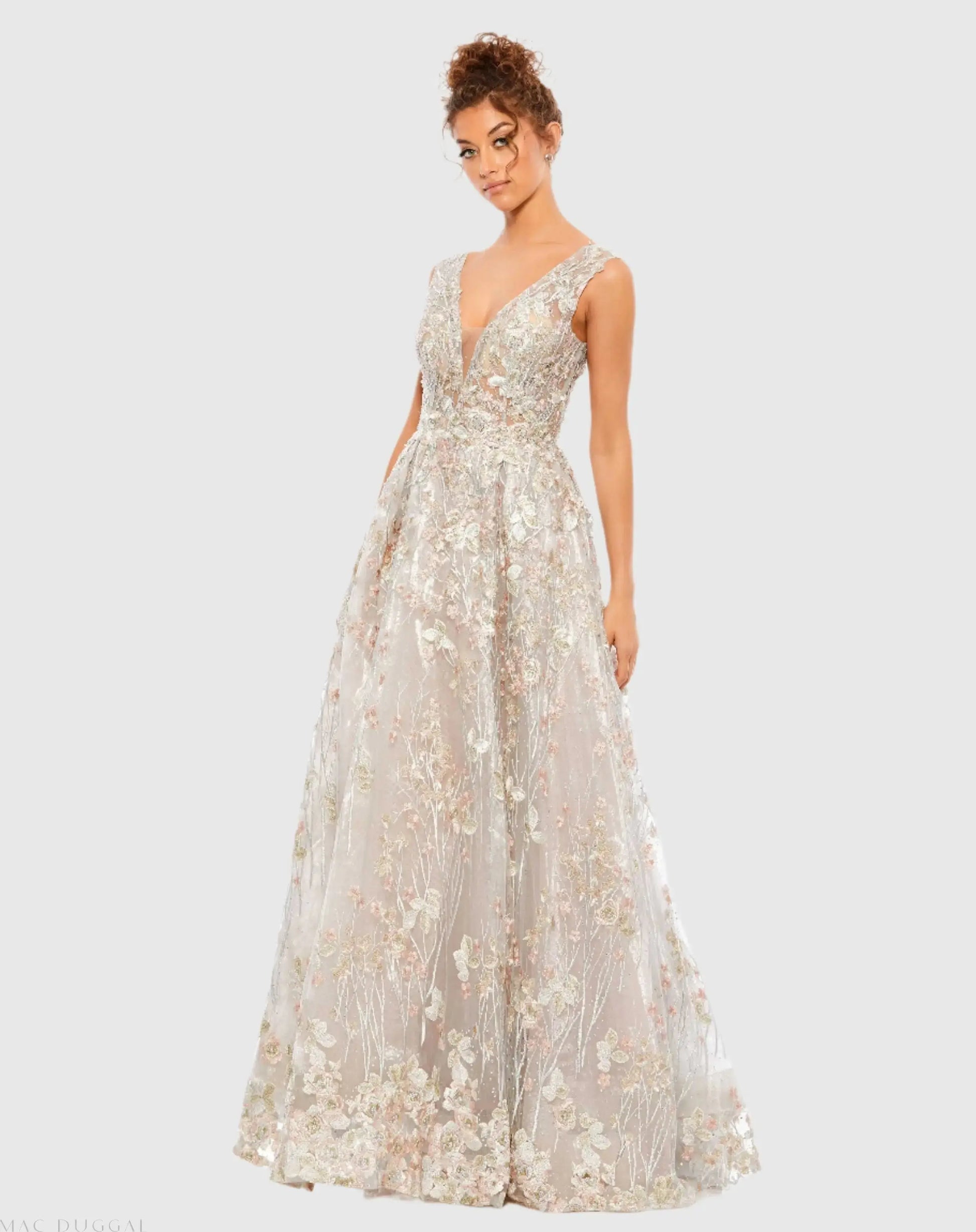 Floral Embroidered Illusion V-Neck Gown Floral Embroidered Illusion V-Neck Gown