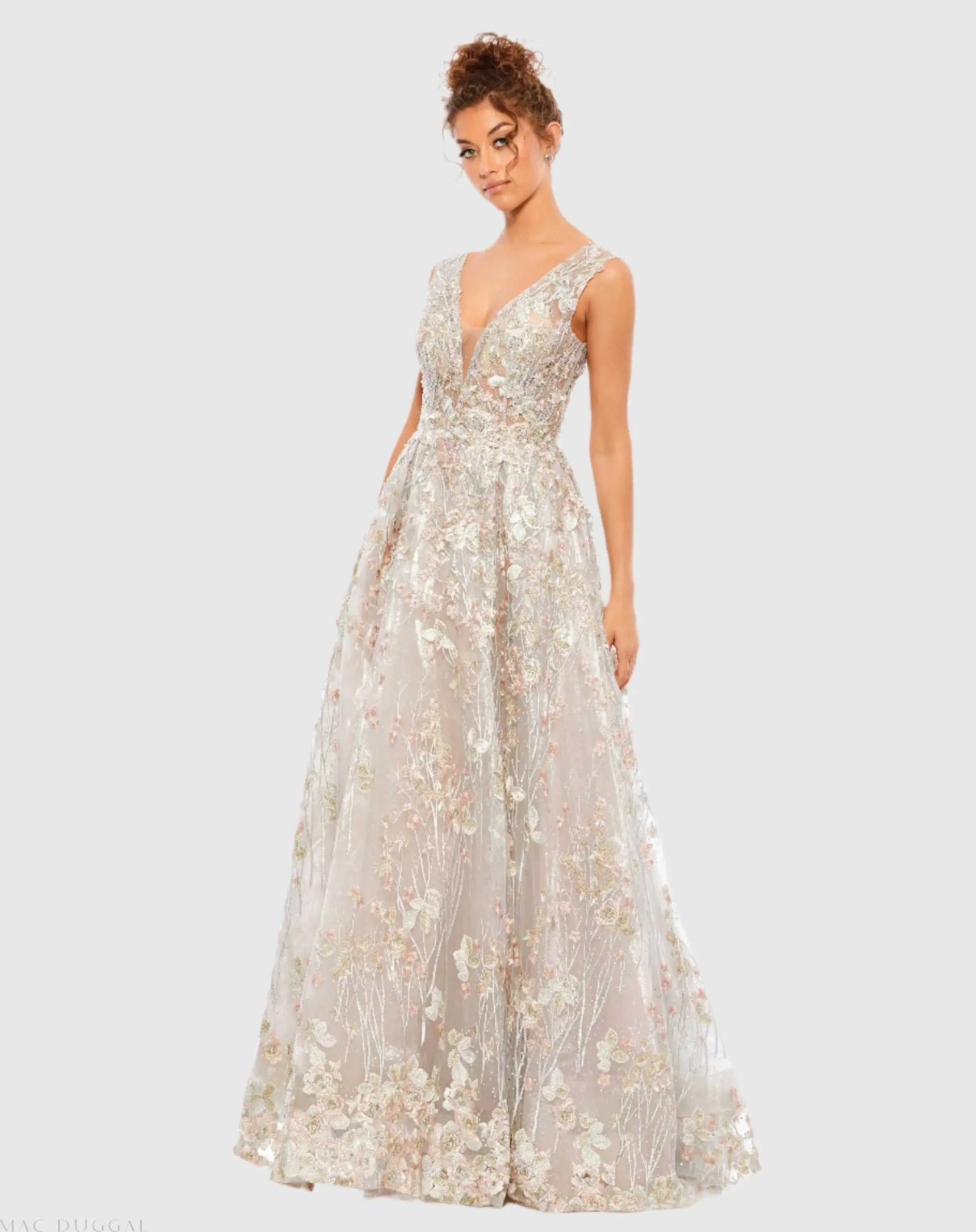 Silver Floral Embroidered Illusion V-Neck Gown - Mac Duggal