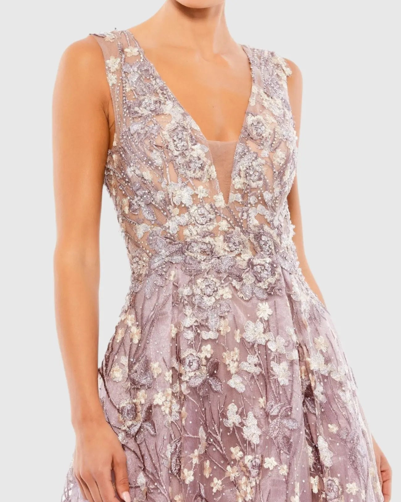 Purple Floral Embroidered Illusion V-Neck Gown - Mac Duggal