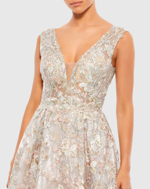 Silver Floral Embroidered Illusion V-Neck Gown