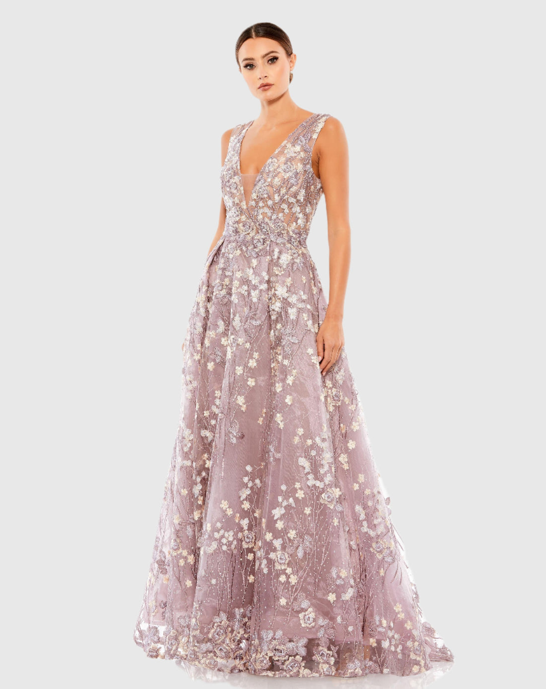 Floral Embroidered Illusion V-Neck Gown