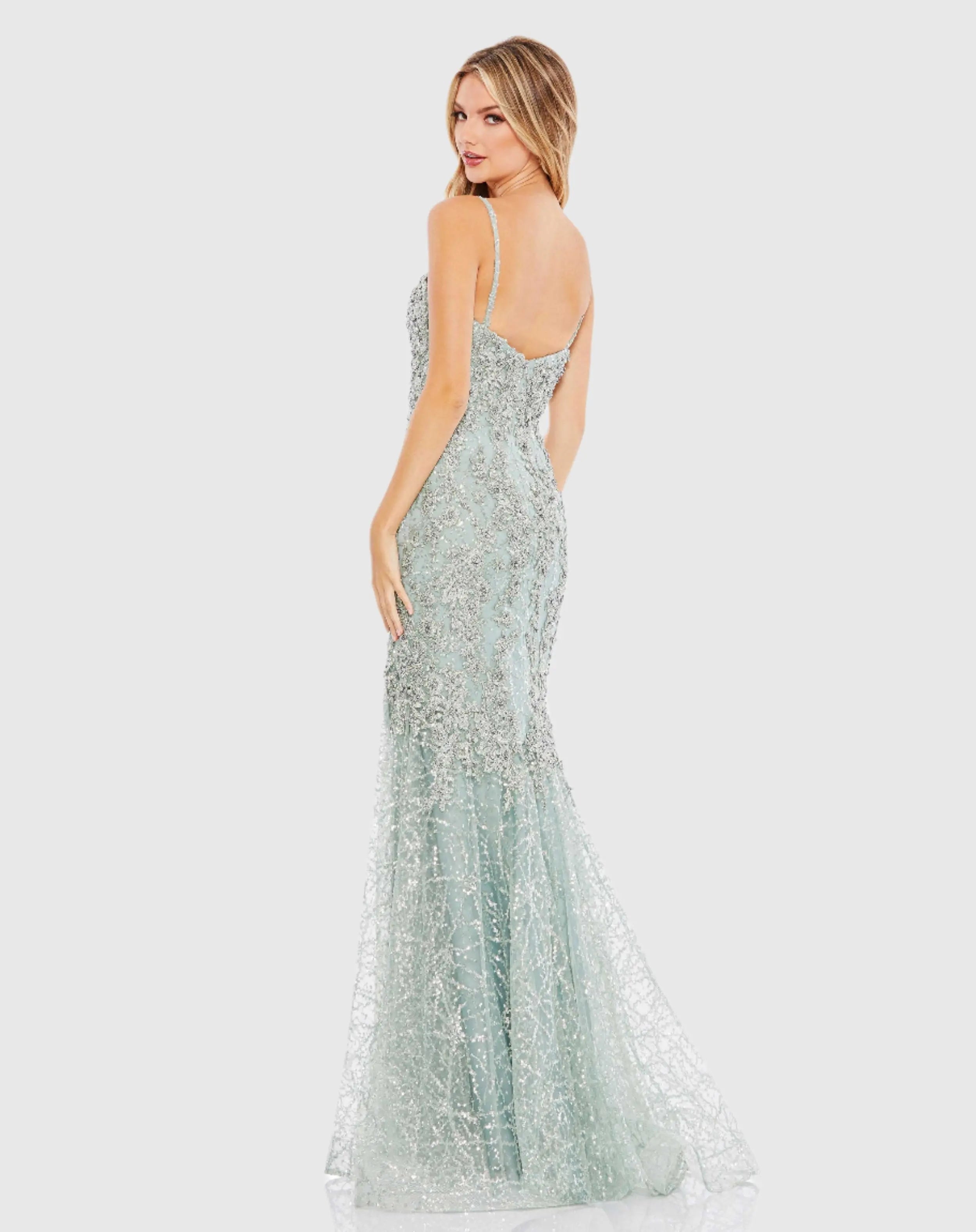 Green Embellished Sleeveless Plunge Neck Trumpet Gown - Mac Duggal