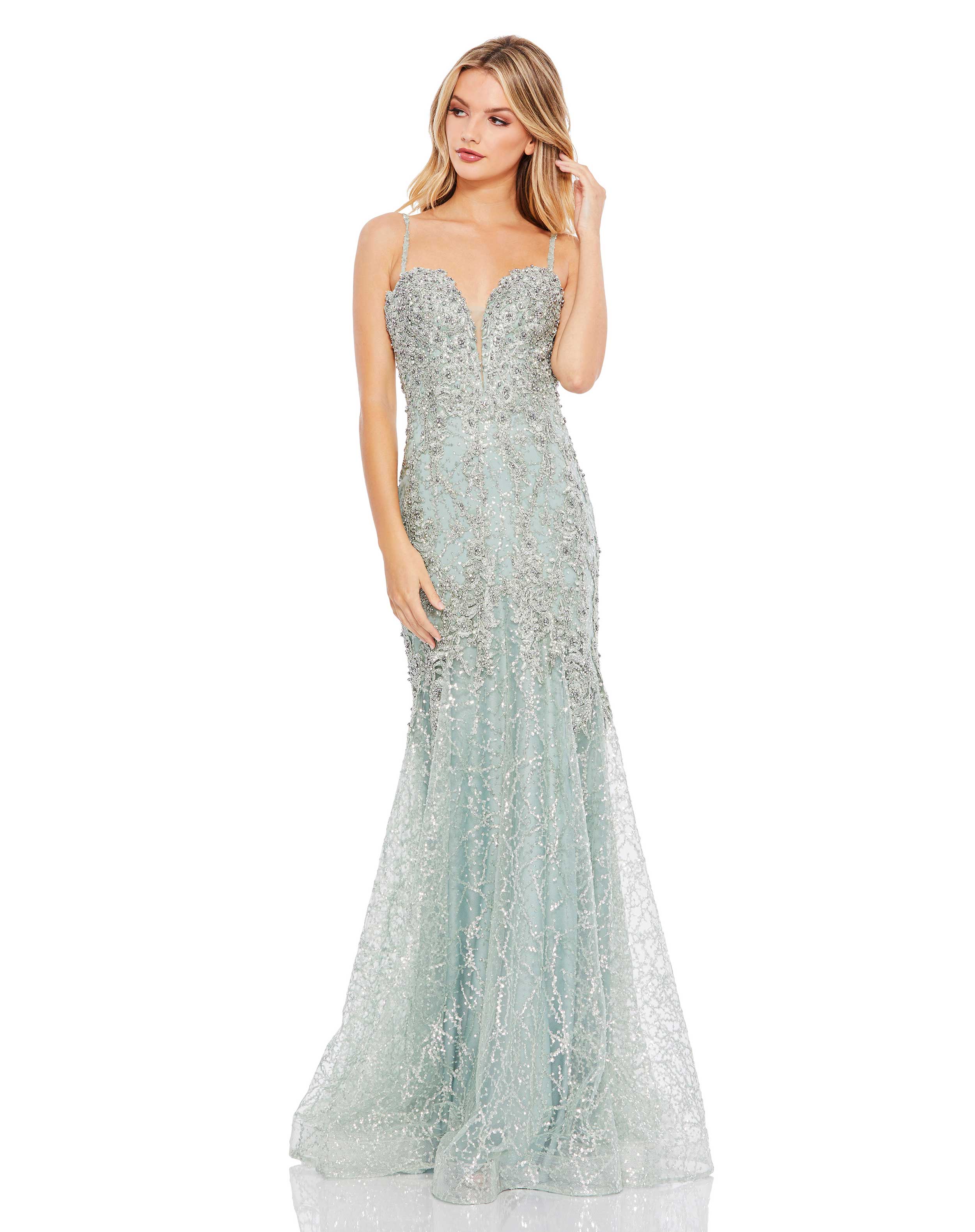 Embellished Sleeveless Plunge Neck Trumpet Gown – Mac Duggal