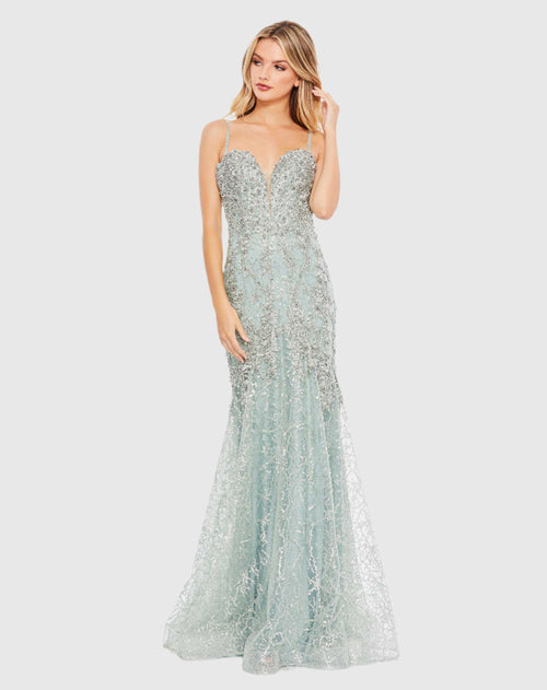 Embellished Sleeveless Plunge Neck Trumpet Gown