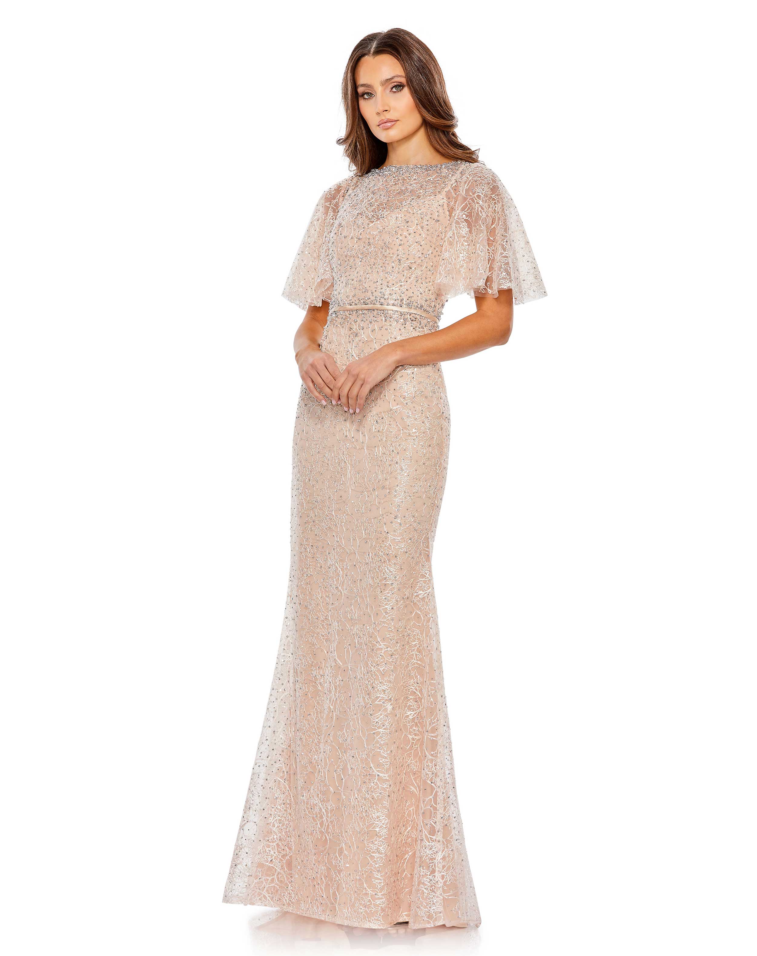 Embellished Neck Butterfly Sleeve Trumpet Gown