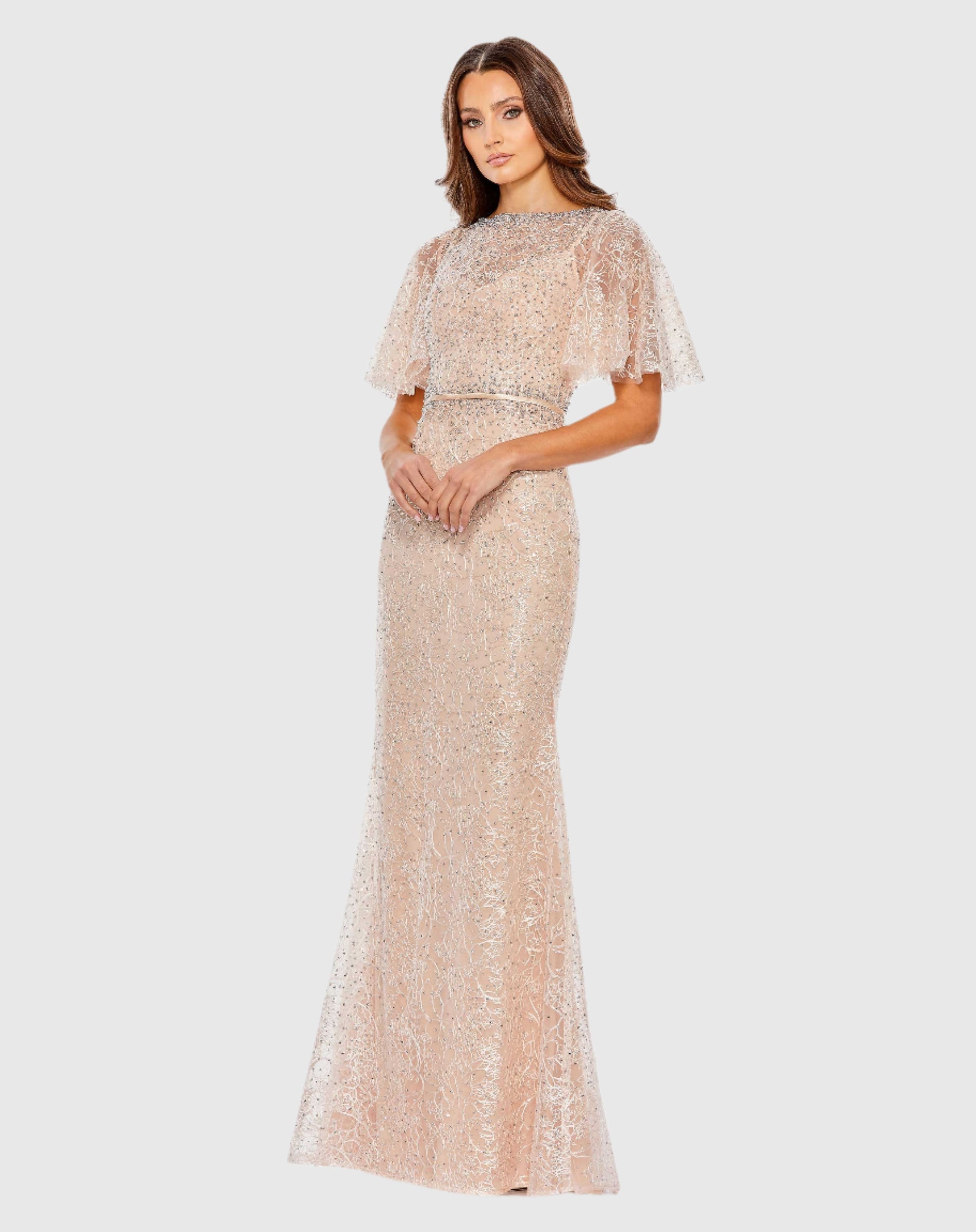 Embellished Neck Butterfly Sleeve Trumpet Gown