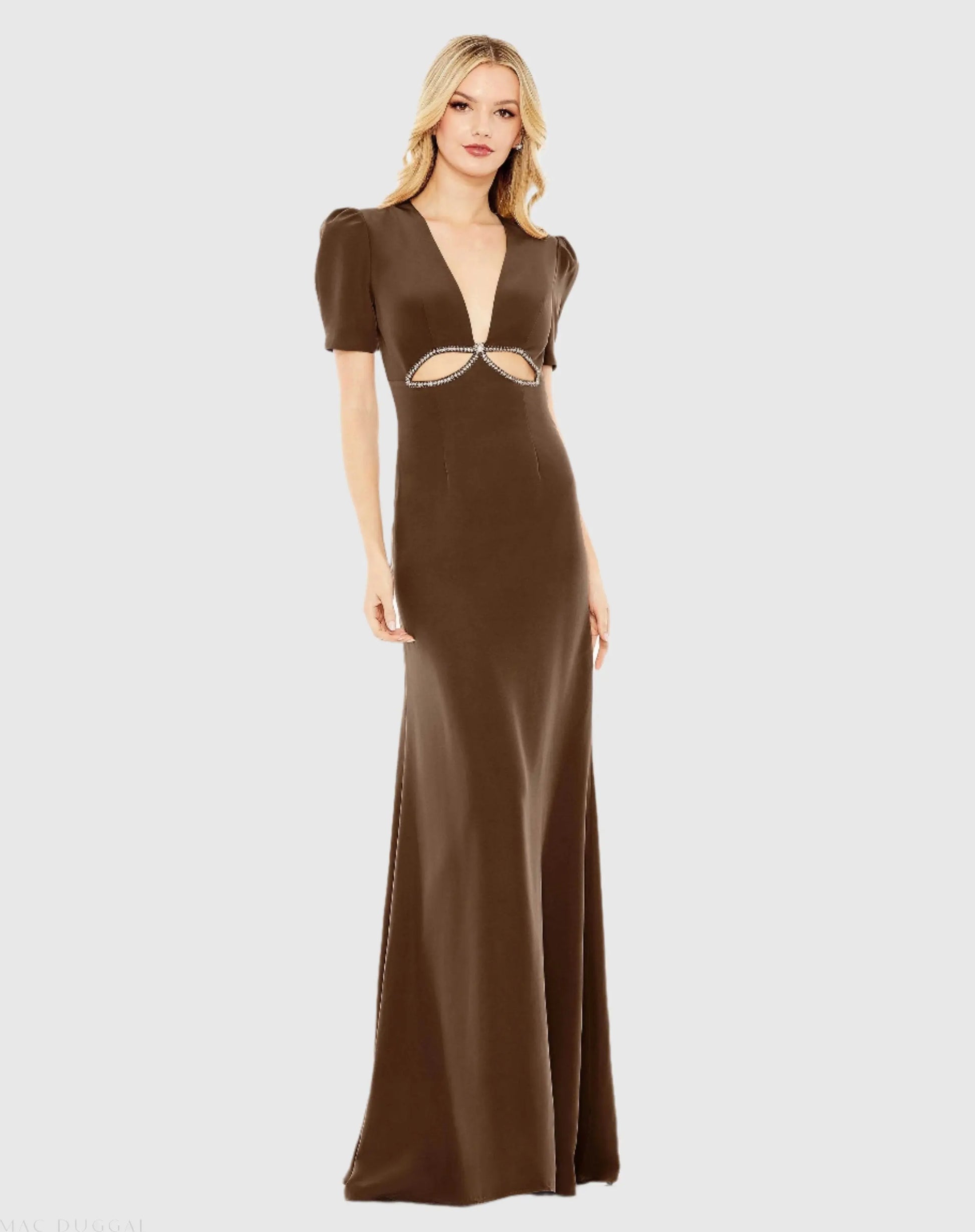Brown Plunge Neck Puff Sleeve Cut Out Gown - Mac Duggal Brown Plunge Neck Puff Sleeve Cut Out Gown - Mac Duggal