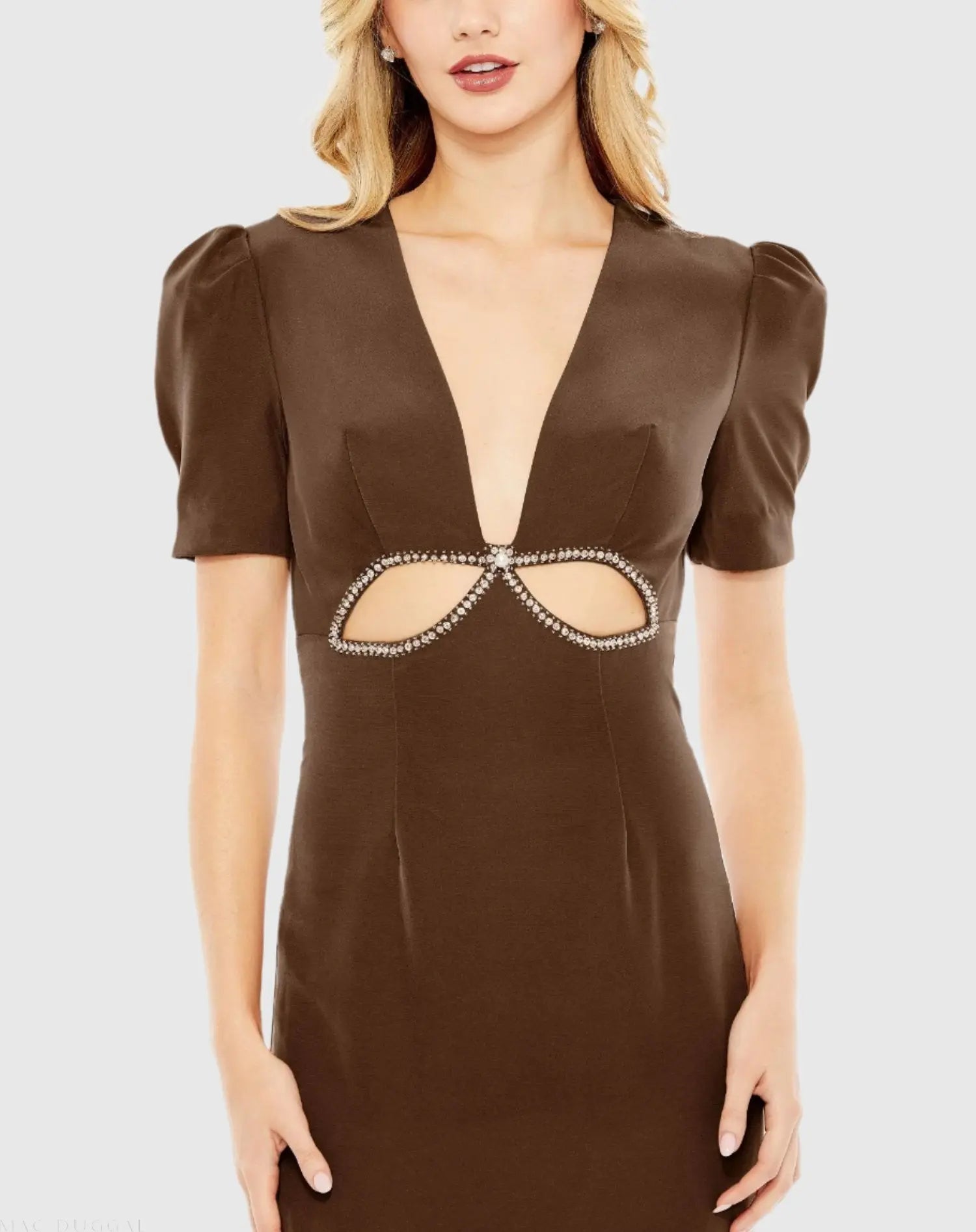 Brown Plunge Neck Puff Sleeve Cut Out Gown - Mac Duggal US 8 Brown Plunge Neck Puff Sleeve Cut Out Gown - Mac Duggal US 8