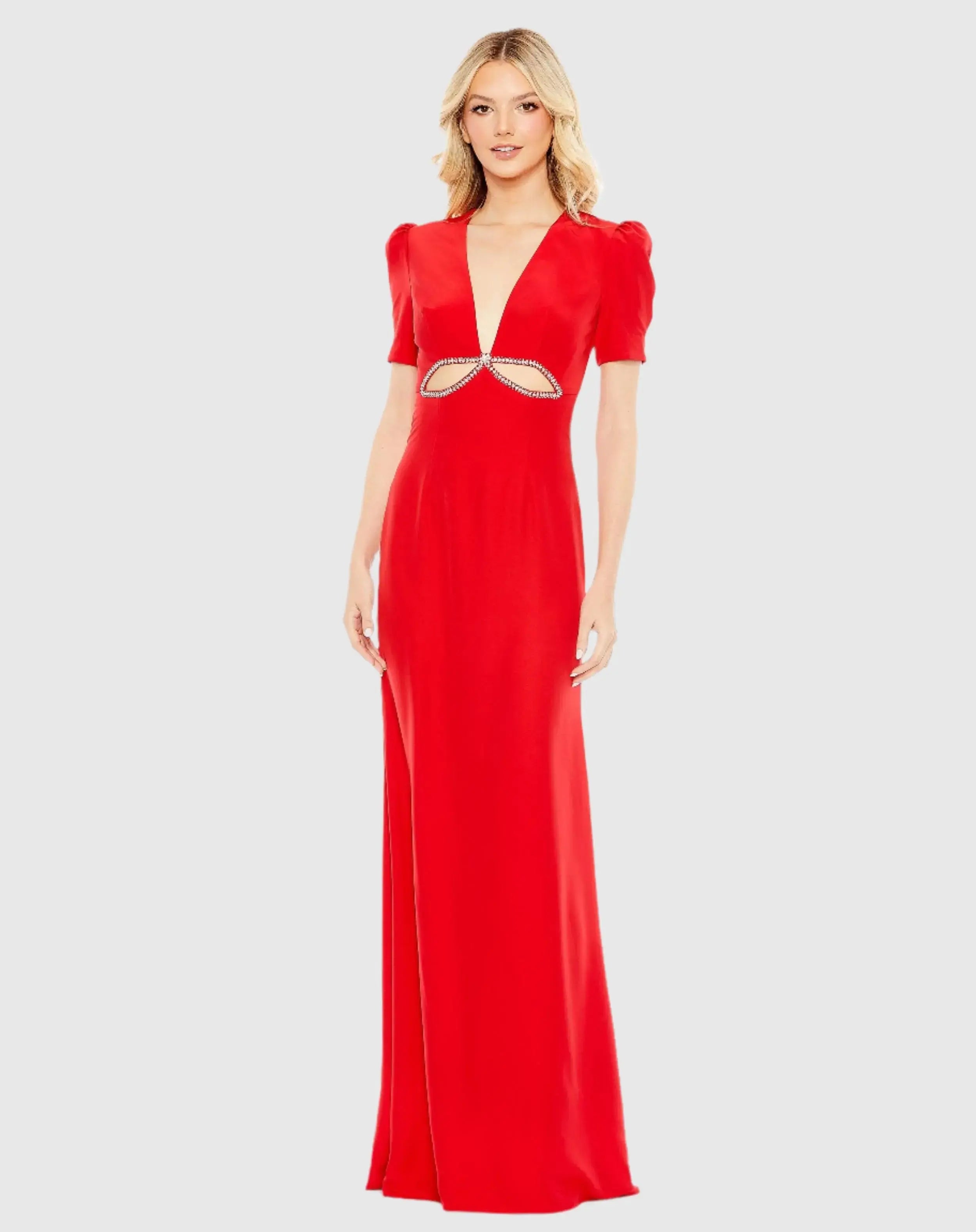 Red Plunge Neck Puff Sleeve Cut Out Gown - Ieena for Mac Duggal