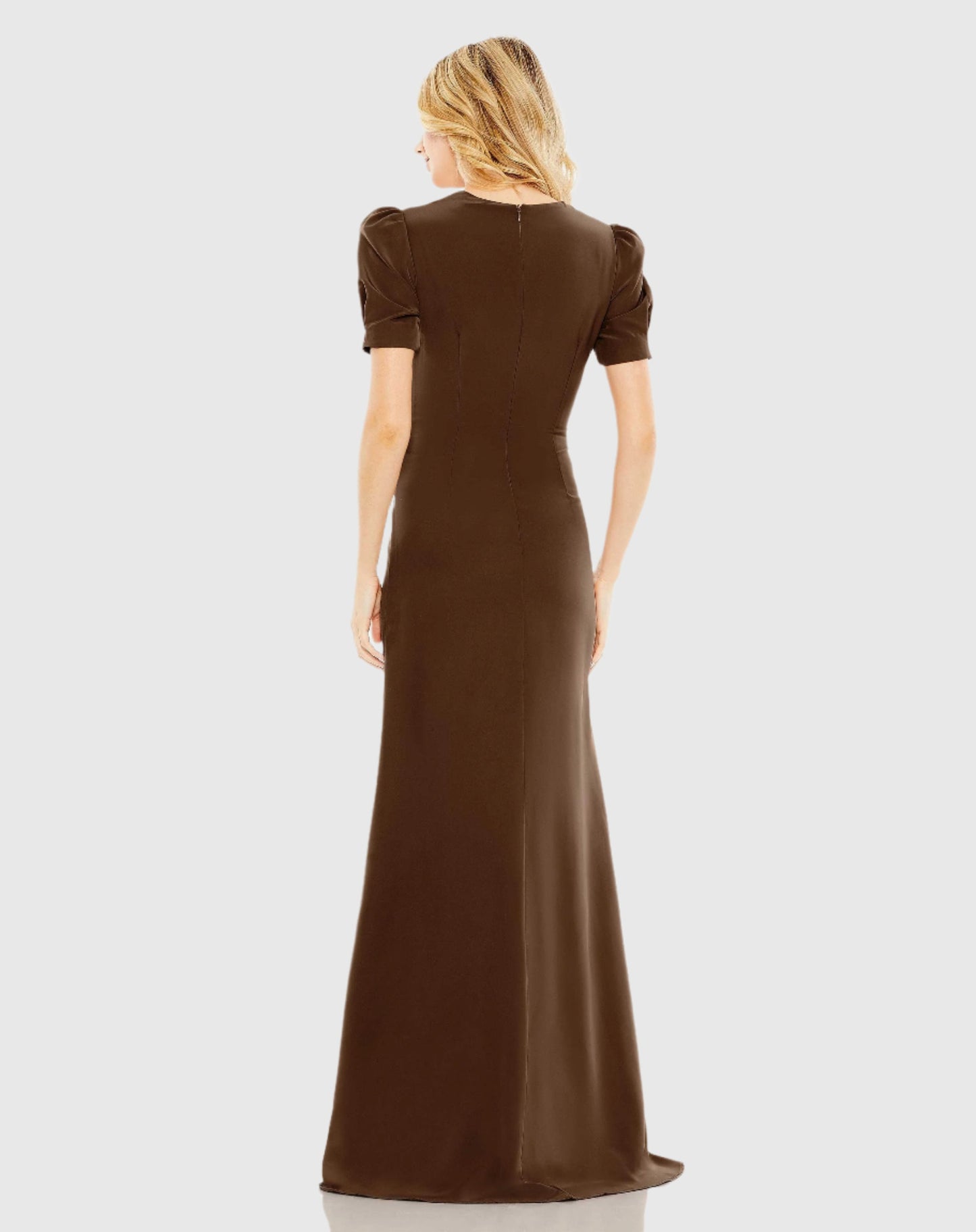 Brown Plunge Neck Puff Sleeve Cut Out Gown - Mac Duggal