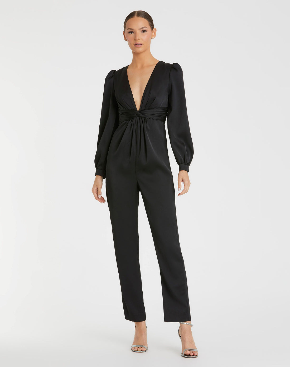 Front Twist Puff Sleeve Deep V Jumpsuit